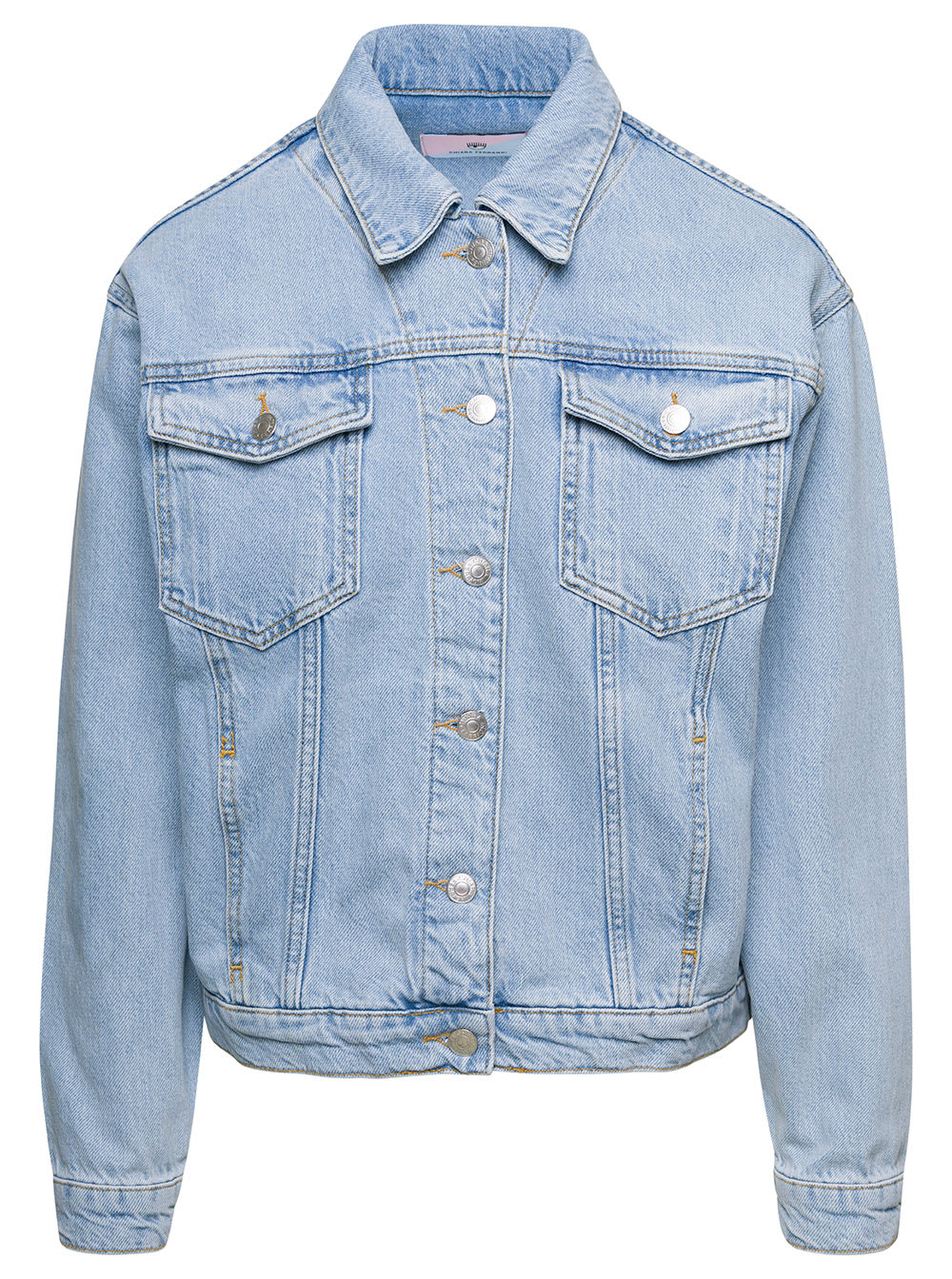 CHIARA FERRAGNI LIGHT BLUE JACKET WITH LOGO LETTERING E,MBROIDERY AT THE BACK IN COTTON DENIM WOMAN