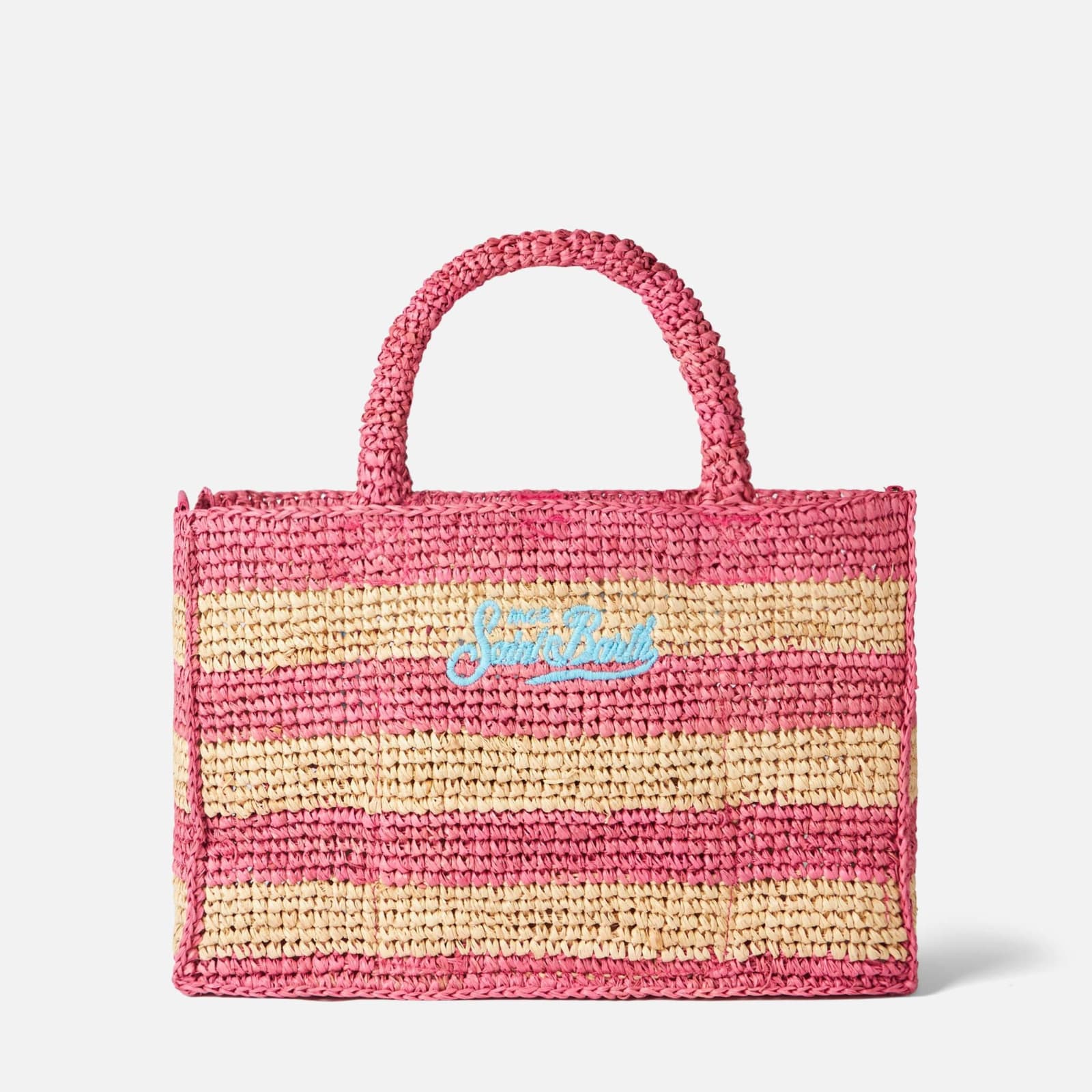 Shop Mc2 Saint Barth Colette Raffia Handbag With White And Pink Stripes