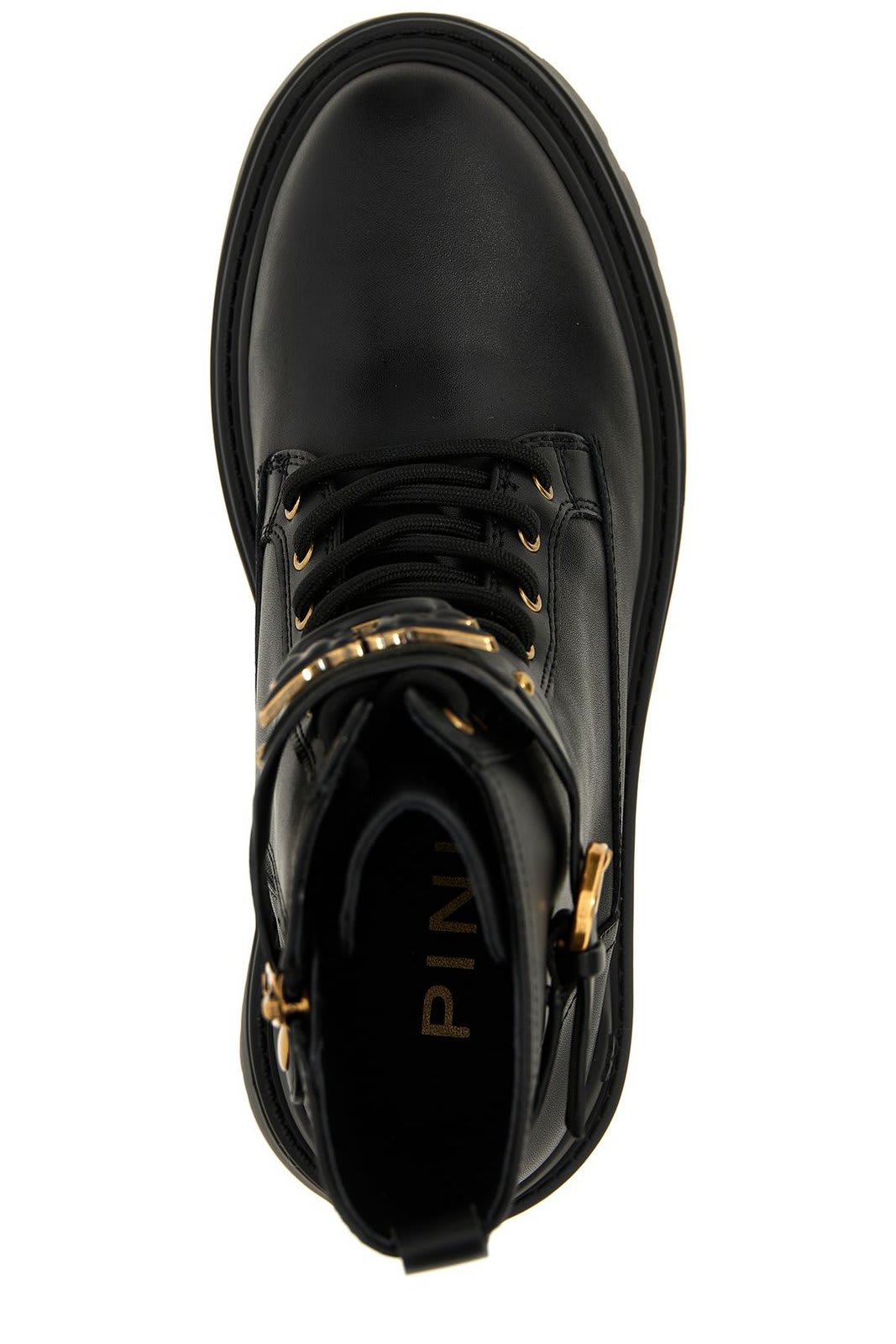 Pinko Chunky Platform Black Leather Boots With Decorative Buckle In Black