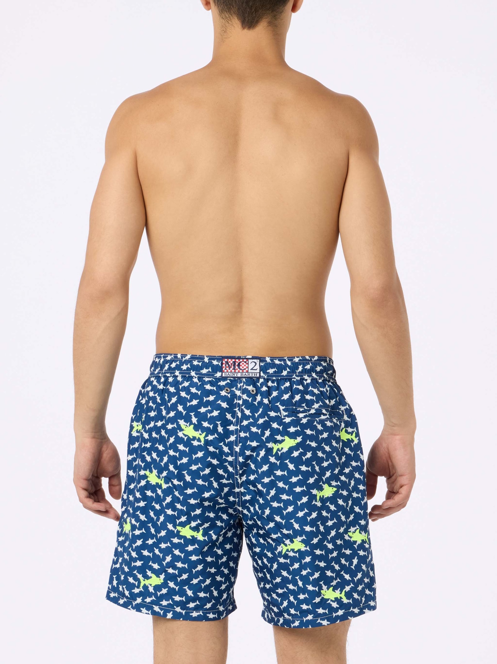 Mc2 Saint Barth Man Lightweight Fabric Swim-shorts Lighting With Sharks Embroidery In Blue