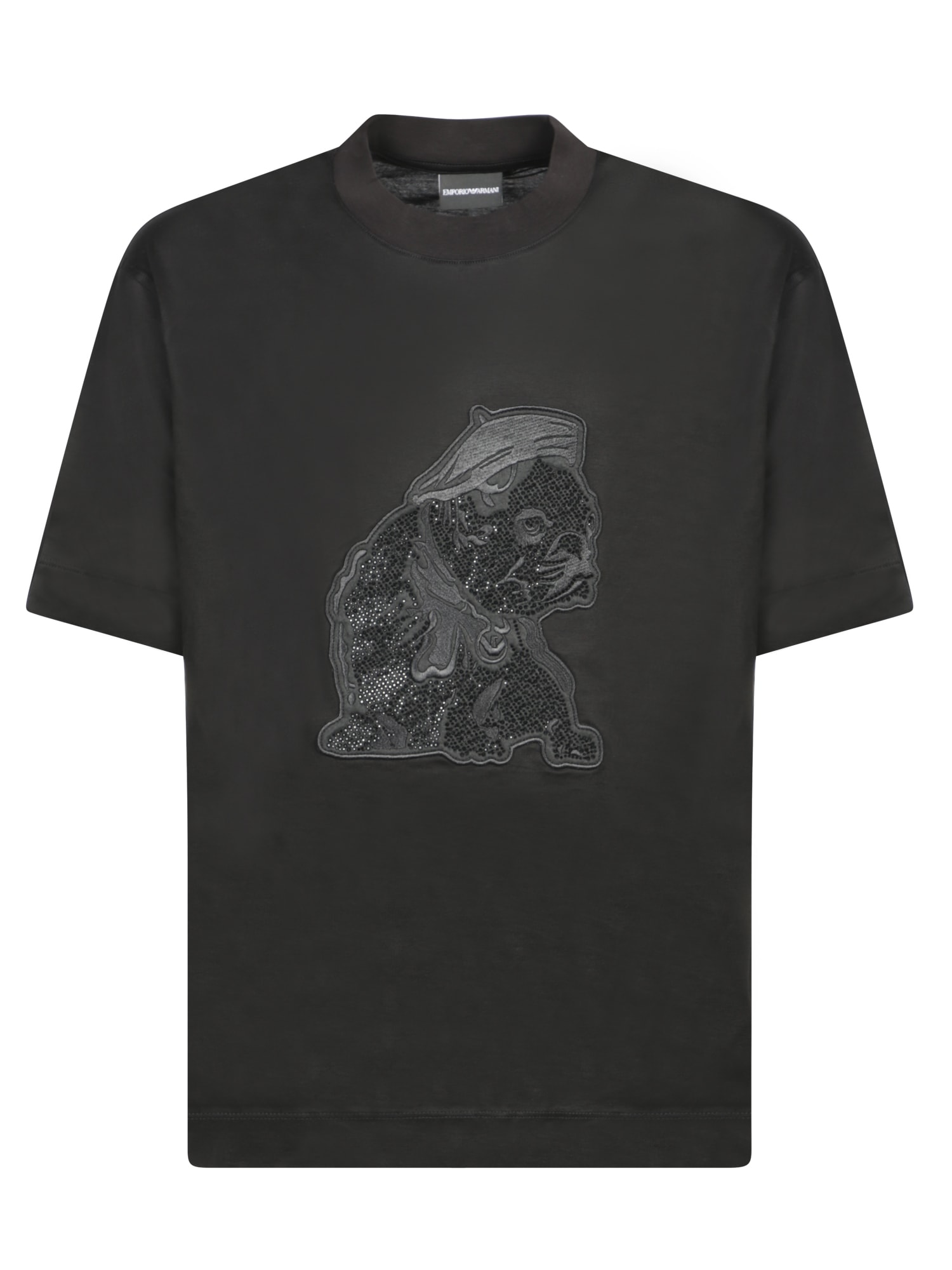 Emporio Armani Black Cotton Embroidered T-shirt In Black