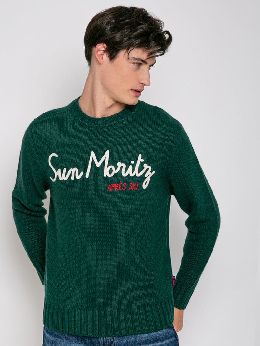 Mc2 Saint Barth Man Blended Cashmere Sweater With Sun Moritz Embroidery In Green