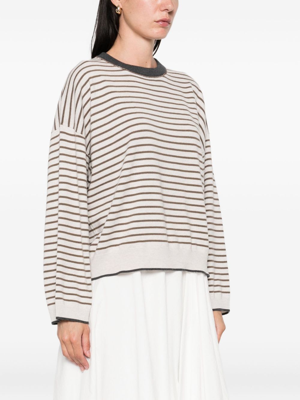 Brunello Cucinelli Striped Crew Neck Sweater In White