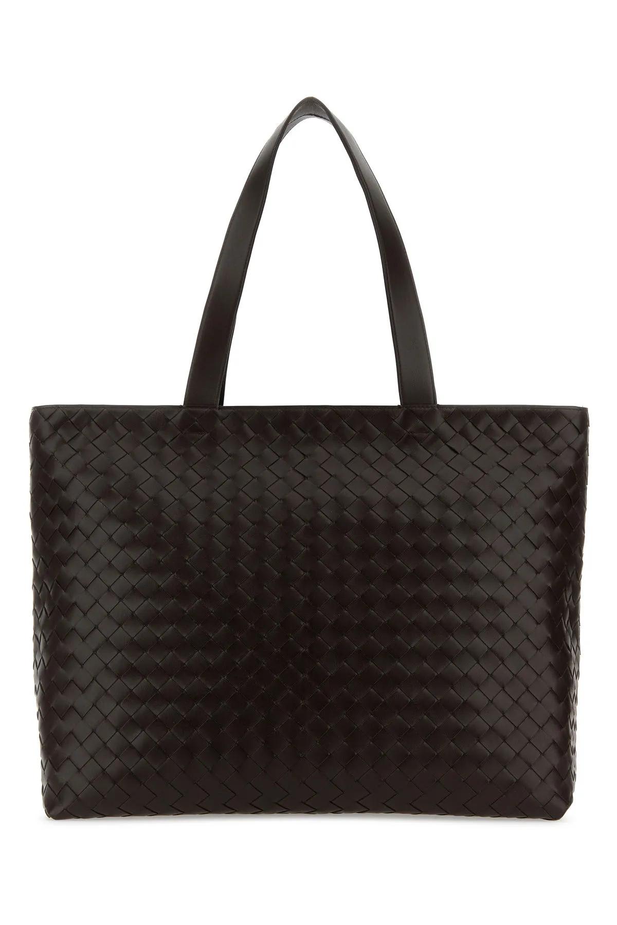 Shop Bottega Veneta Dark Brown Leather Intrecciato Shopping Bag In Fondant Silver