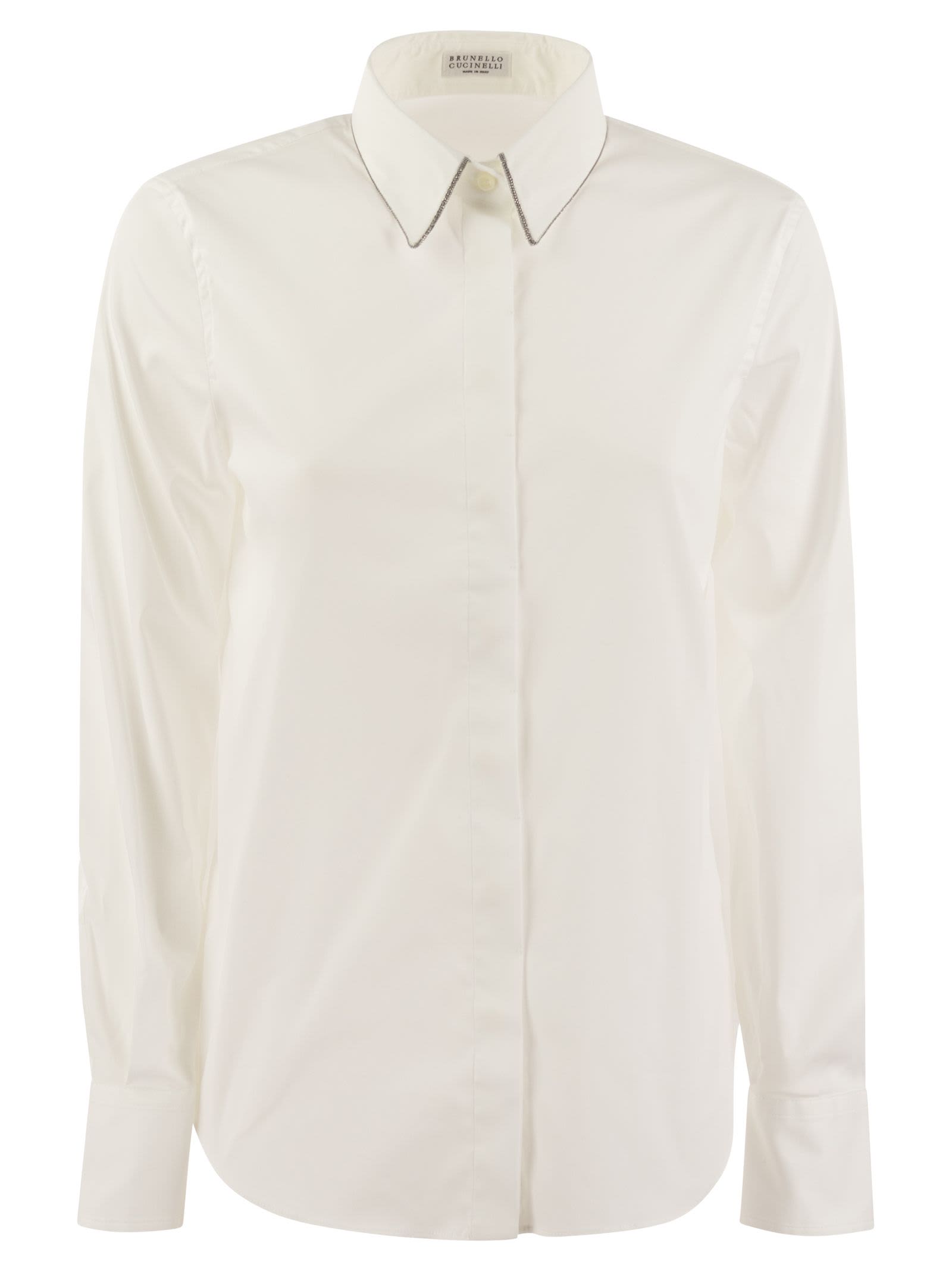 Shop Brunello Cucinelli Stretch Cotton Poplin Shirt With Shiny Trim In White