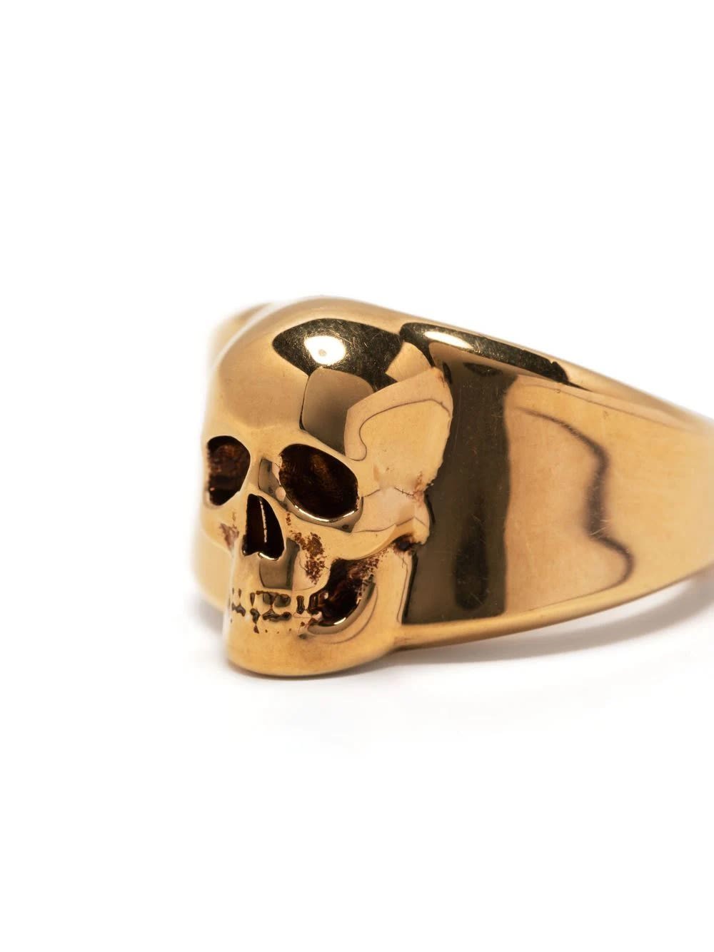Shop Alexander Mcqueen Antiqued Gold Skull Seal Ring In Oro