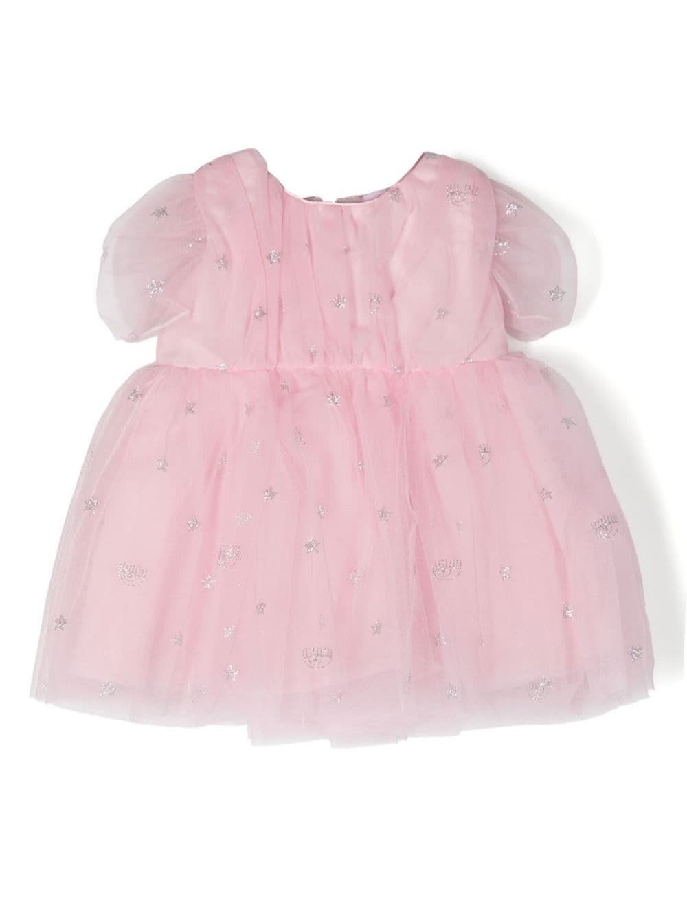 Shop Chiara Ferragni Pink Glitter Monogram Tulle Dress In Polyamide Baby Girl