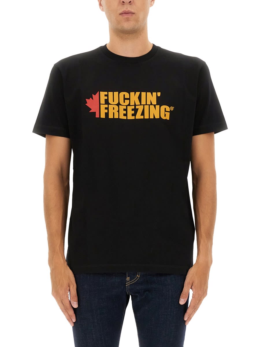 Dsquared2 Black Crewneck T-shirt With Print On The Front And Logo Lettering On The Rear In Black