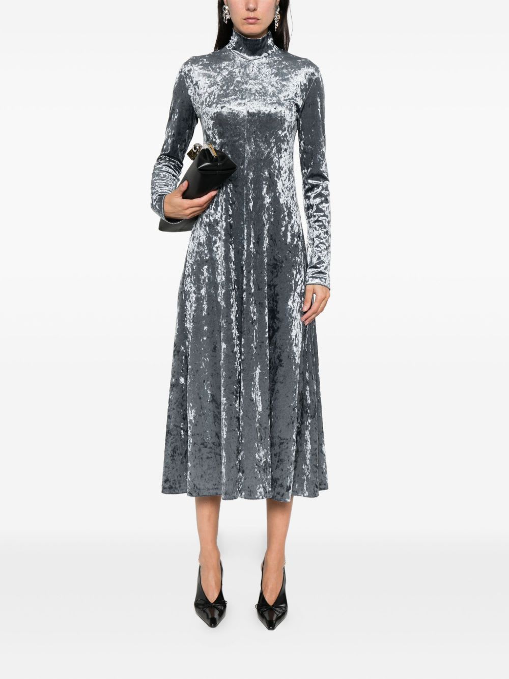 Forte Forte A-line Velvet Midi Dress With Long Sleeves In Gray