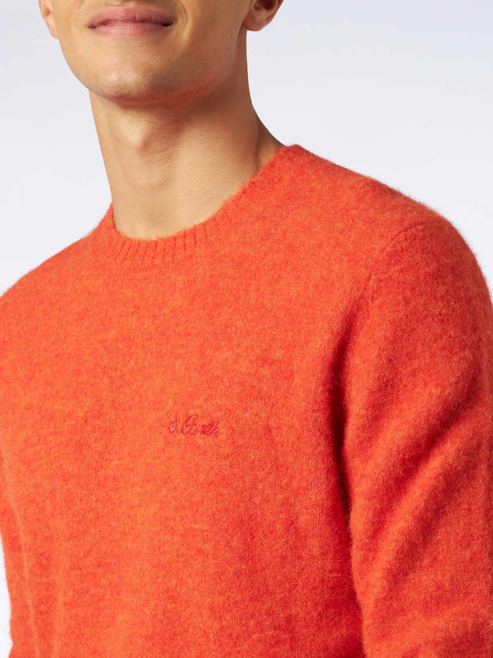 Mc2 Saint Barth Man Orange Stretch Wool Sweater With St. Barth Embroidery In Orange