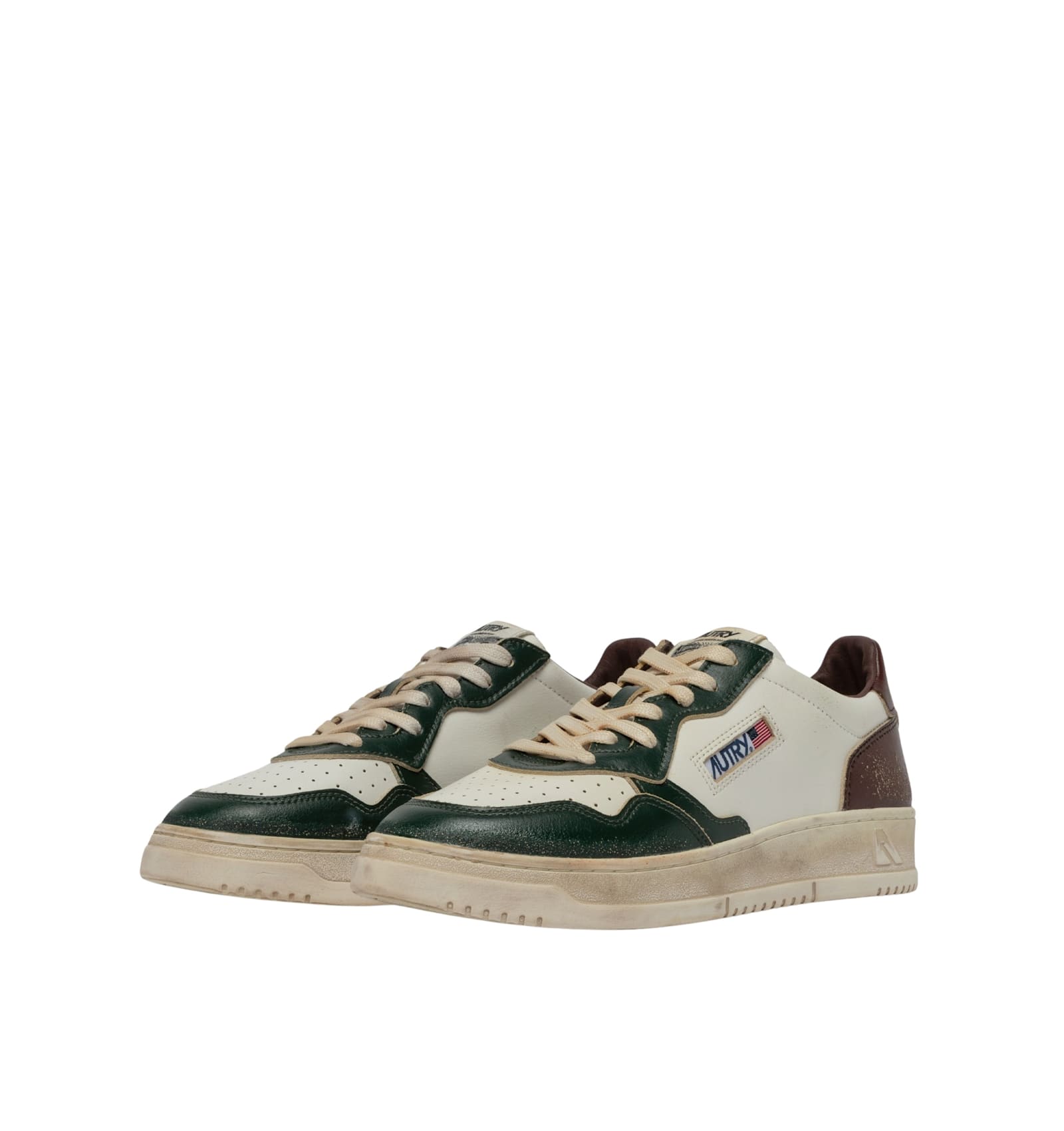 Autry Medalist Low Super Vintage Sneakers In White Pine Grove Leather And Rum Raisin In Animal Print