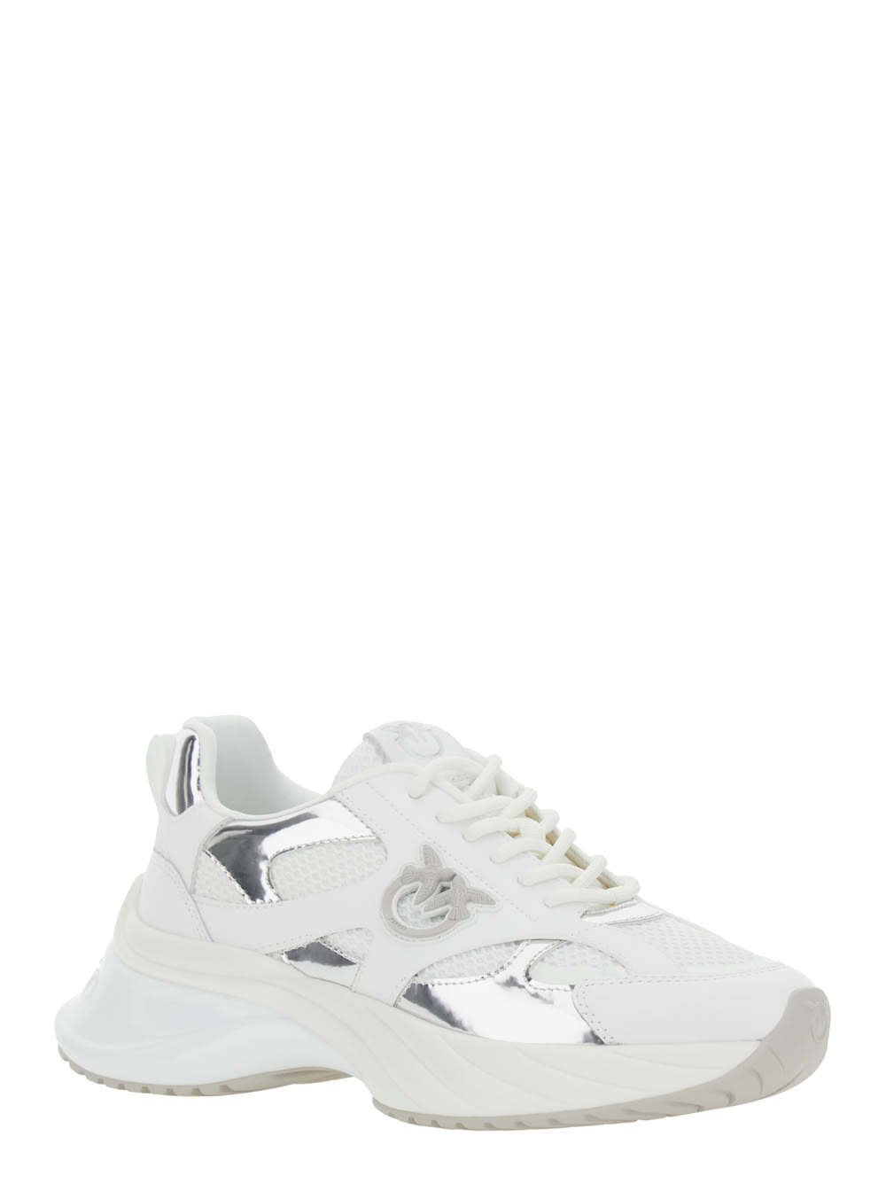 Pinko Ariel 15 White Sneakers With Mirror Panels And Logo Patch On The Tongue In Tech Fabric Woman In White