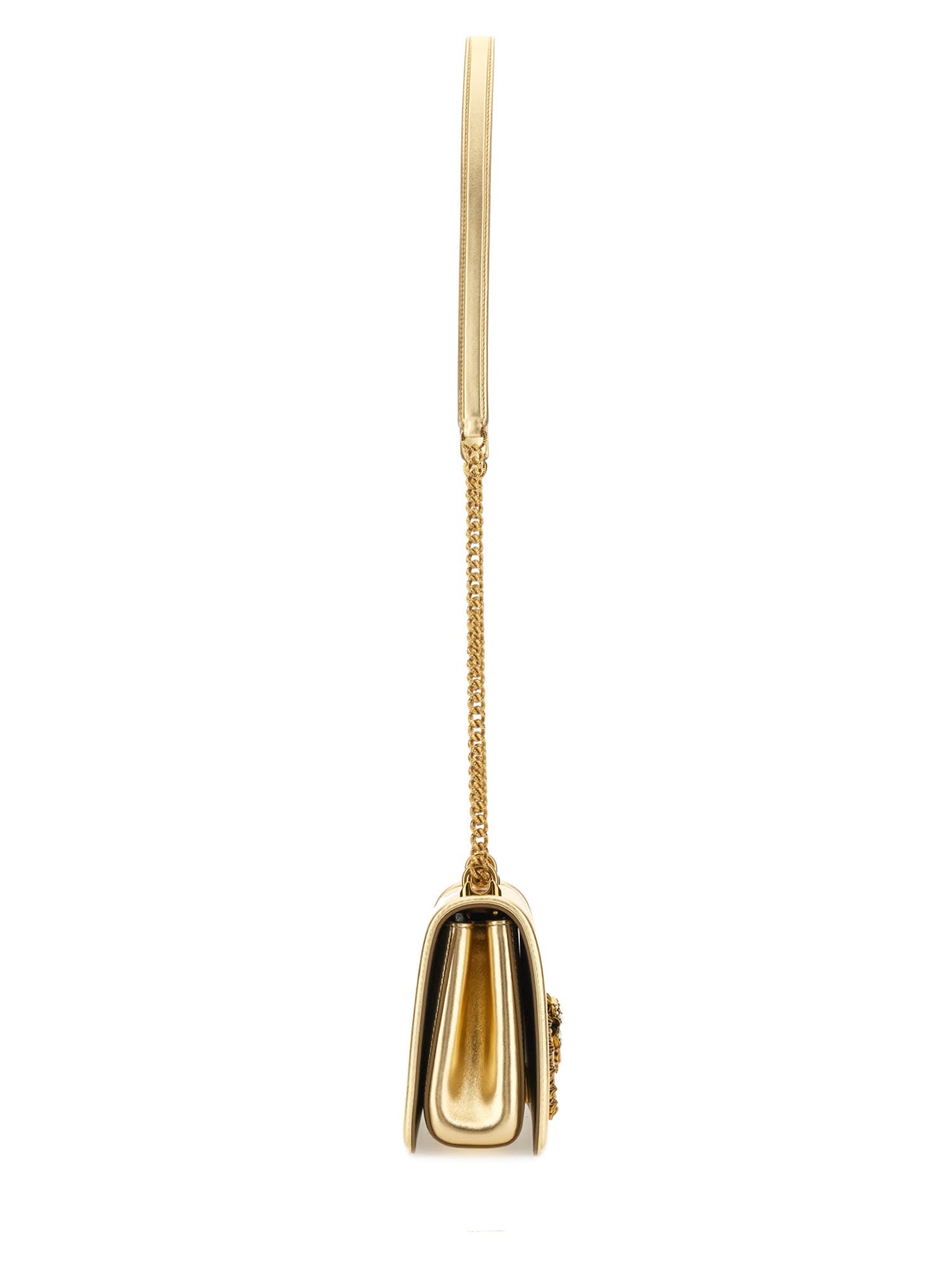 Dolce & Gabbana Leather Shoulder Bag With Frontal Jewel Detail In Oro