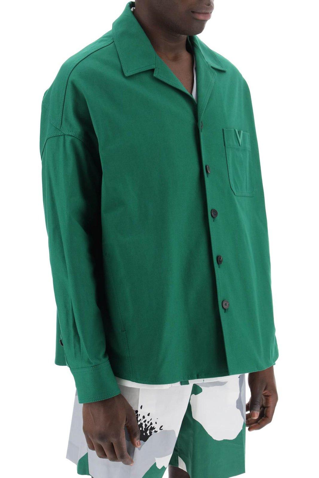 Shop Valentino Logo Plaque Long-sleeved Overshirt In Green