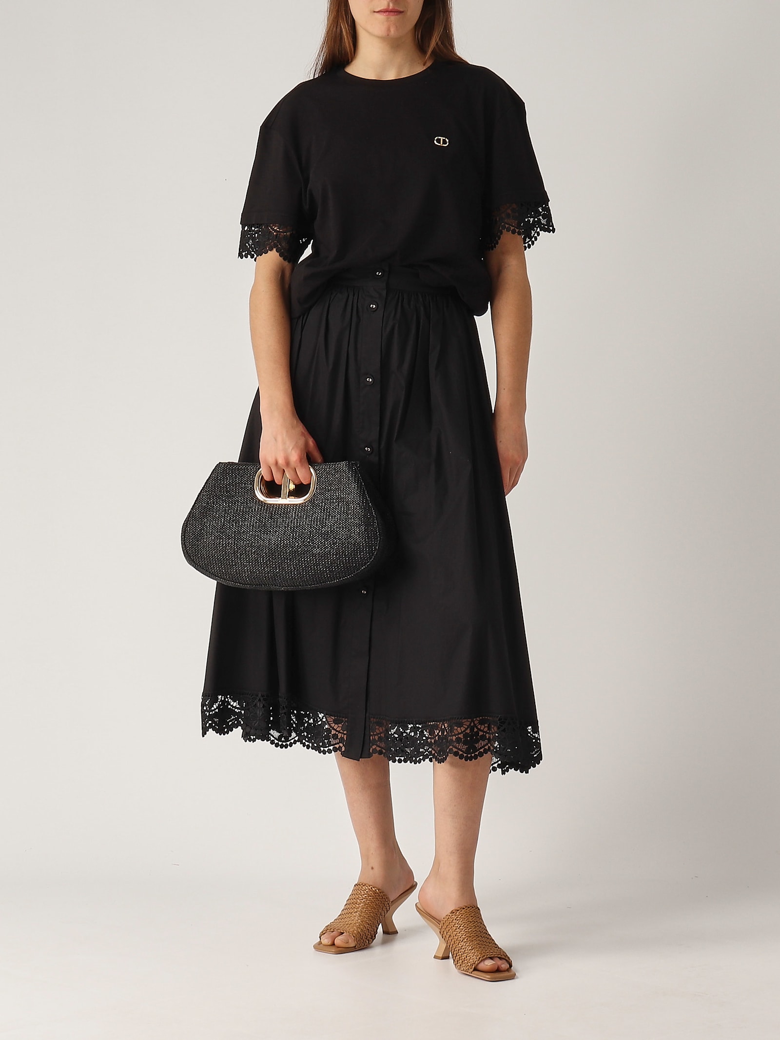 Twinset T-shirt With Lace Sleeves In Nero