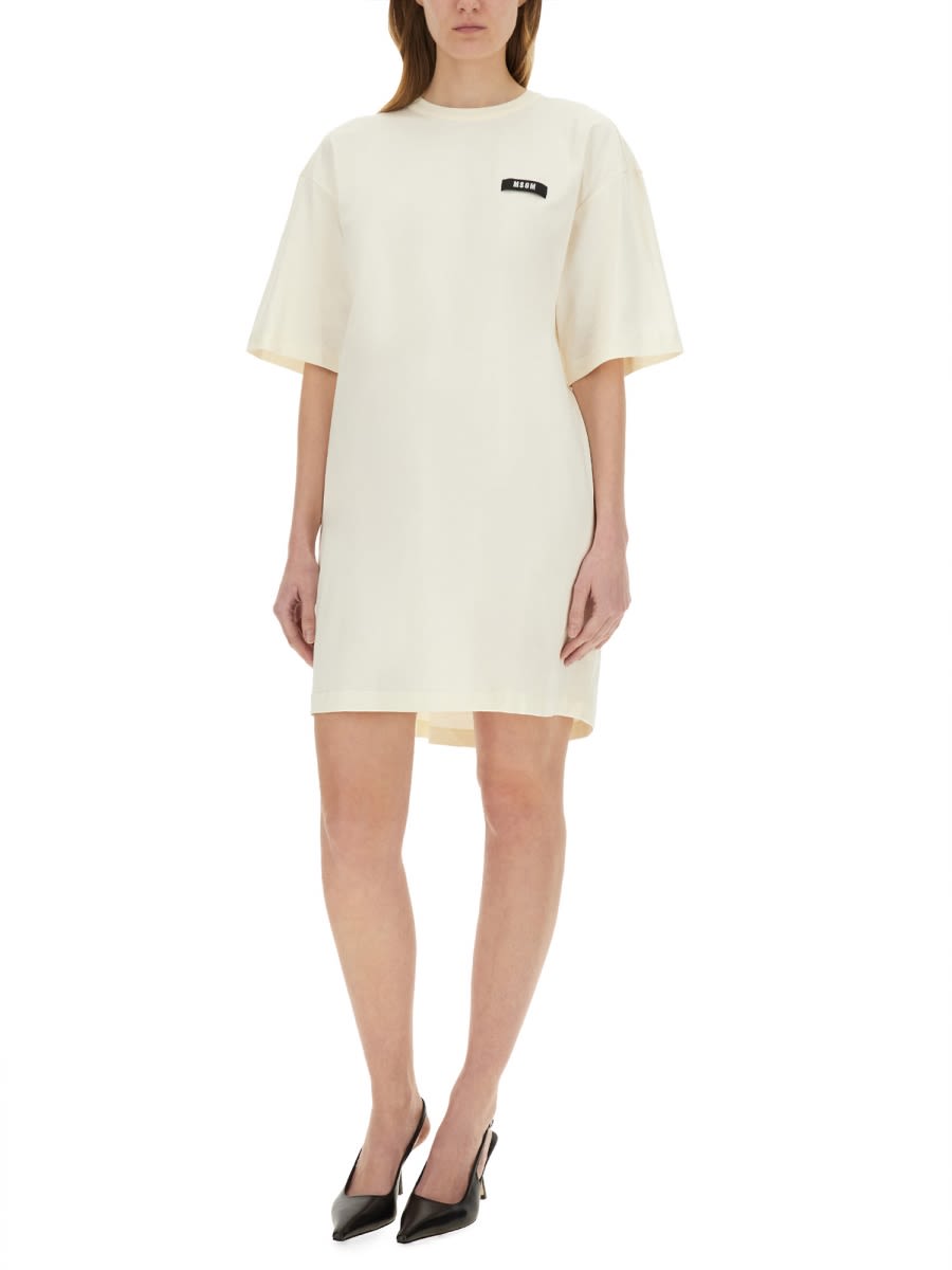 Msgm Logo Short Dress Drawstring In Ivory