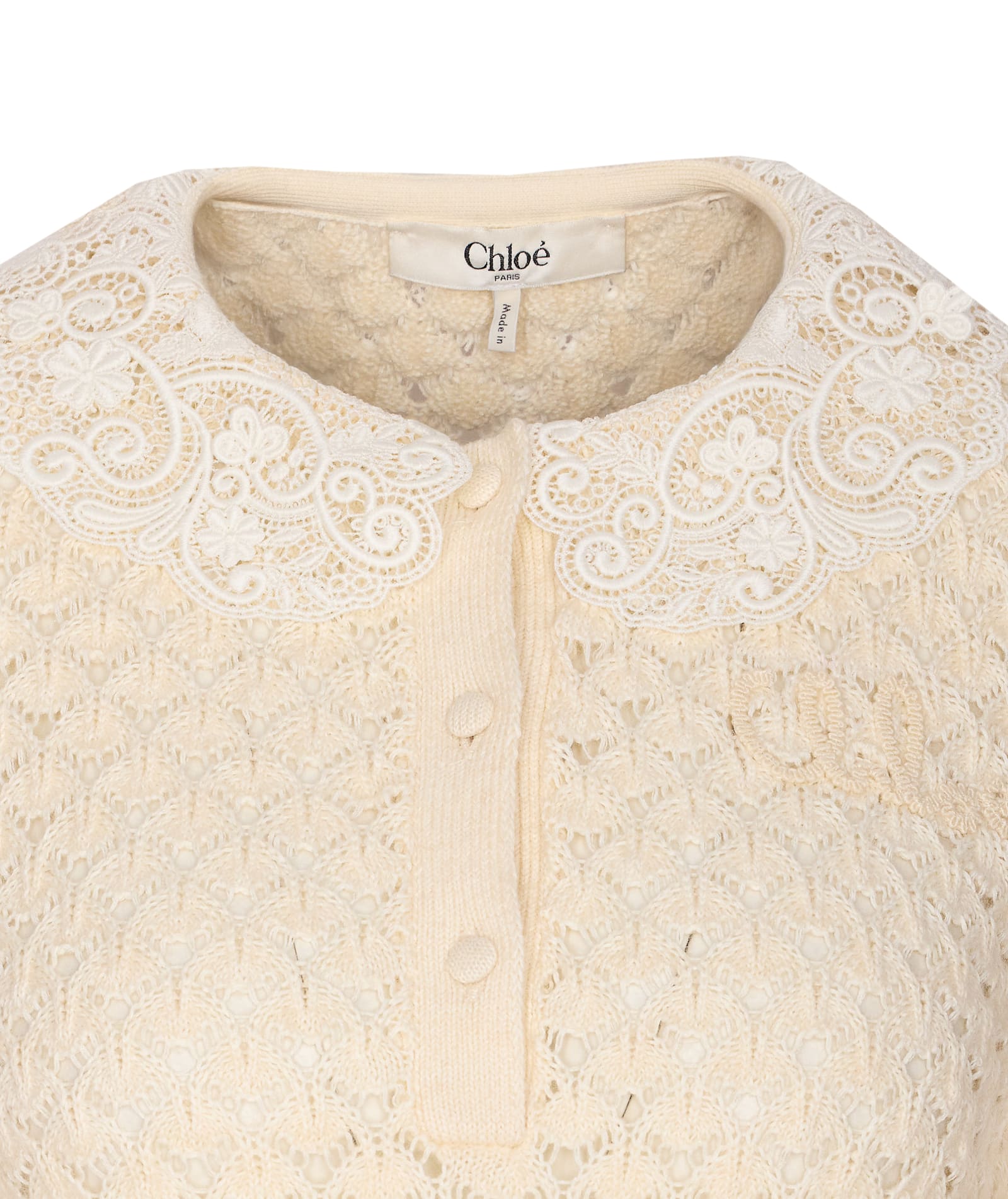 Chloé Textured Knit Crewneck Lace Collar In Neutral