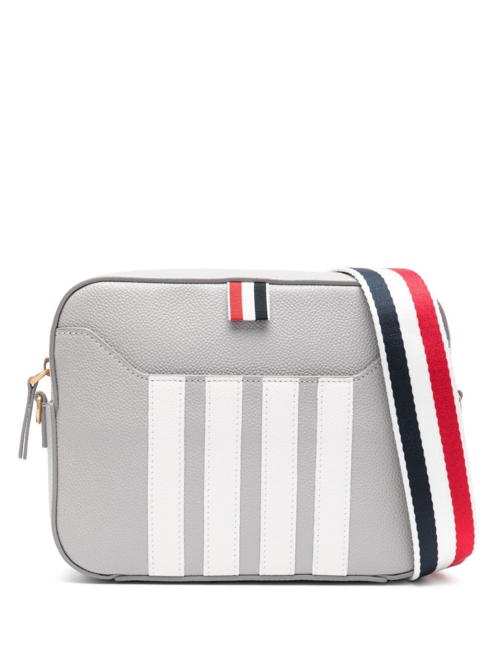 Thom Browne Small Camera Bag With Rwb Strap & 4 Bar Stripes In Pebble Grain Leather In Lt Grey