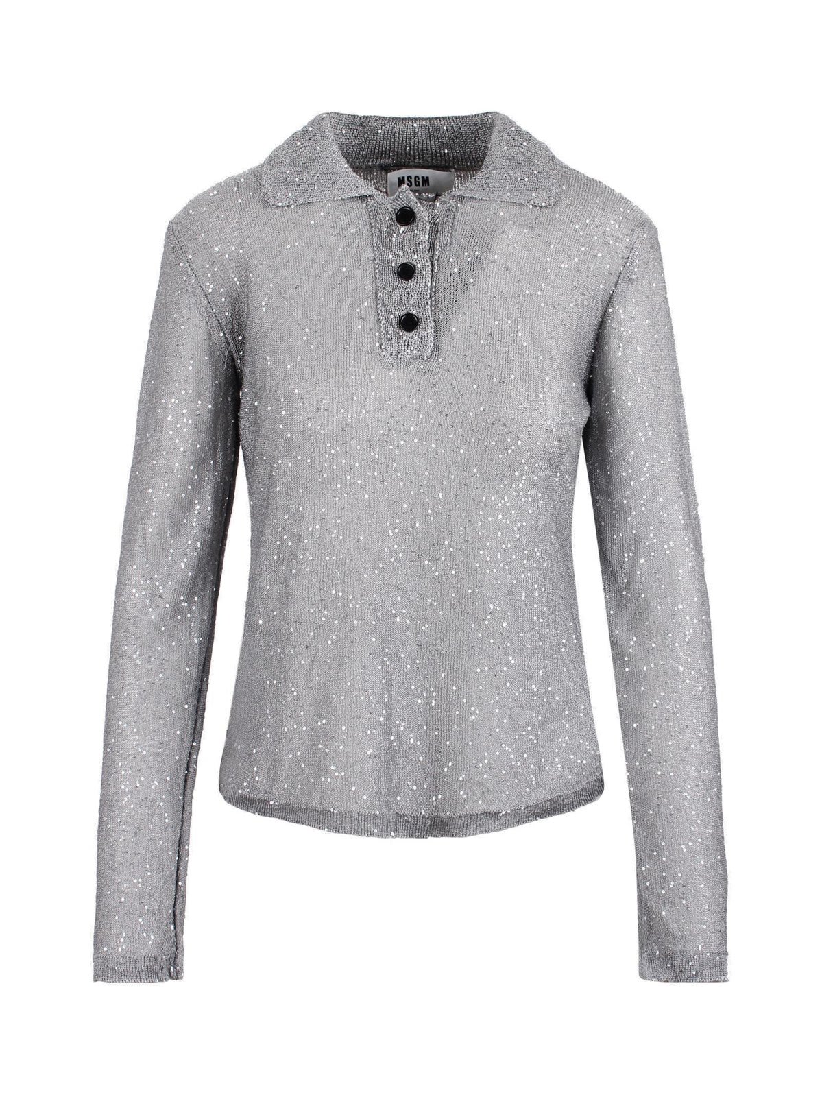 Shop Msgm Long Sleeved Sequin Embellished Knit Polo Top