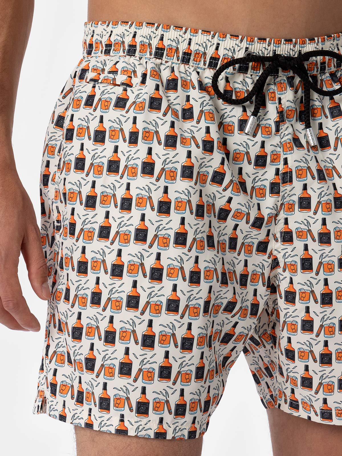 Mc2 Saint Barth Man Lightweight Fabric Swim-shorts Lighting Micro Fantasy With Whisky And Cigars Print In Brown