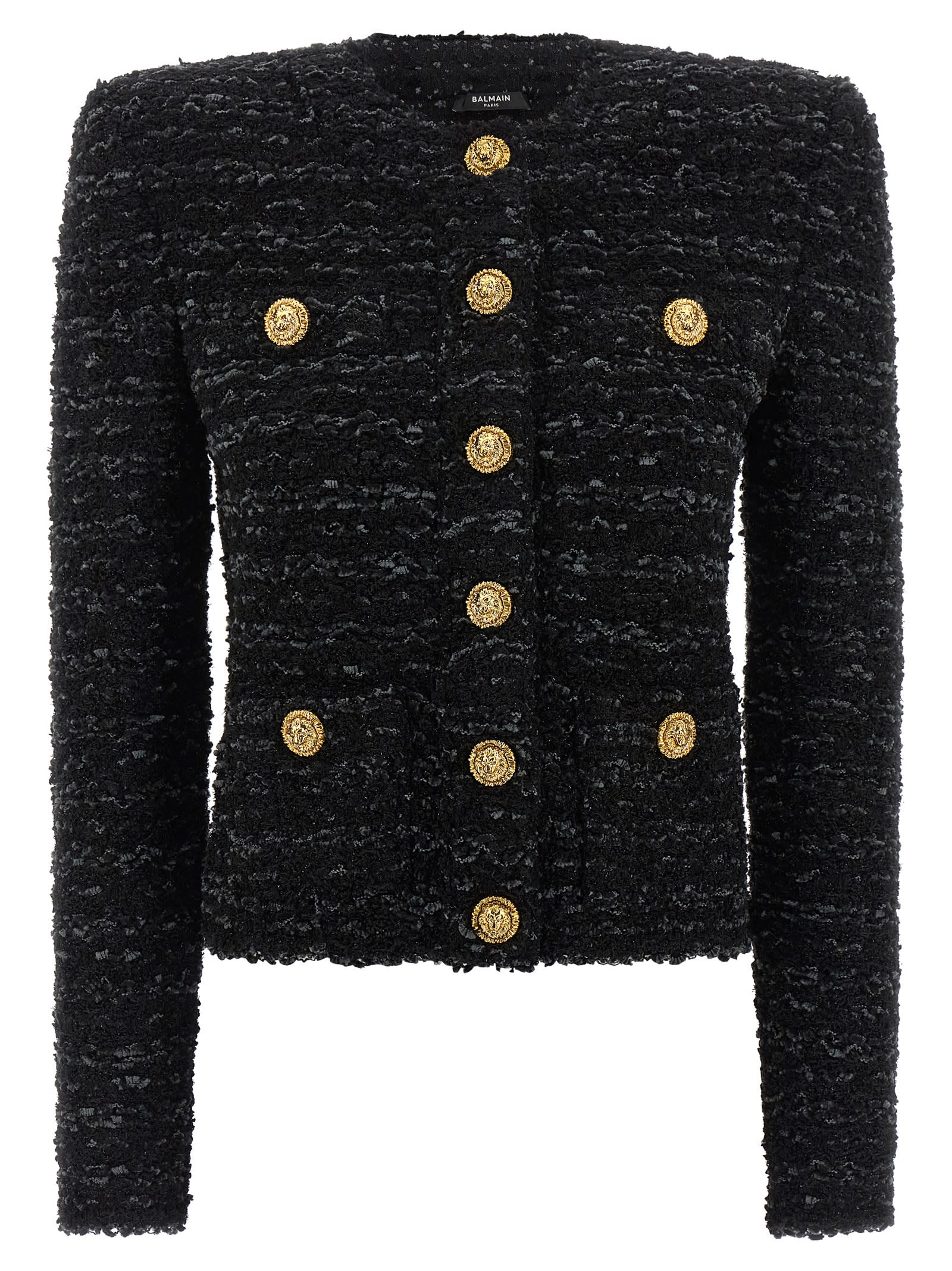 Balmain Tweed Button-up Jacket In Black