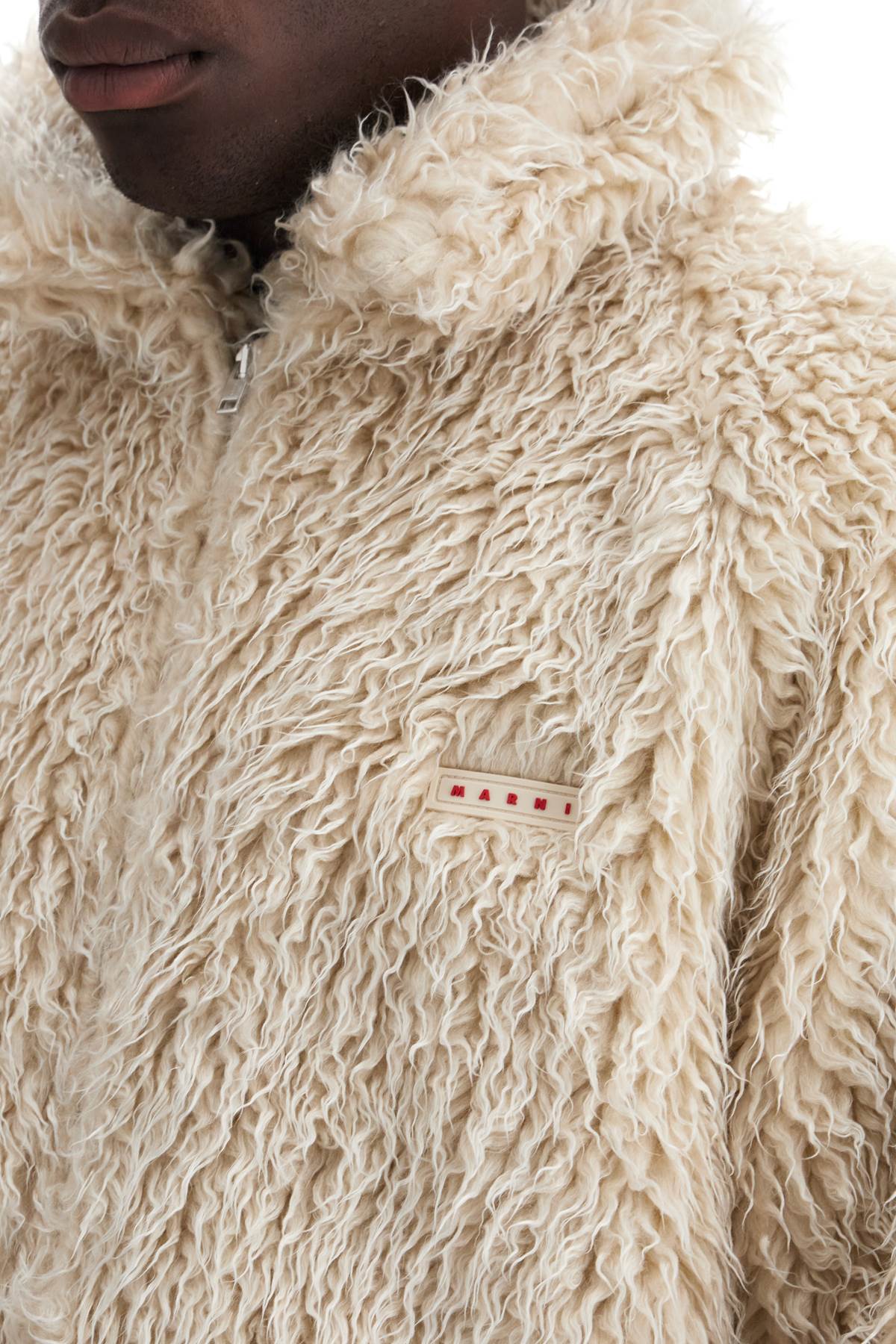 Shop Marni Faux Fur Jacket With Removable Hood. In Glass