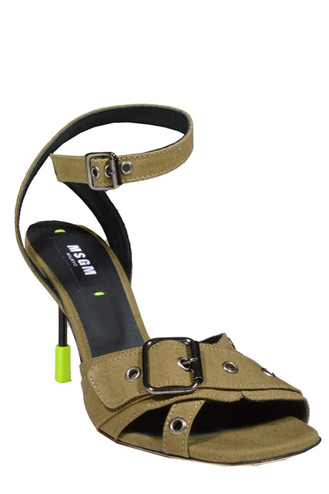 Shop Msgm Buckle-detailed Ankle Strap Sandals In Verde Militare