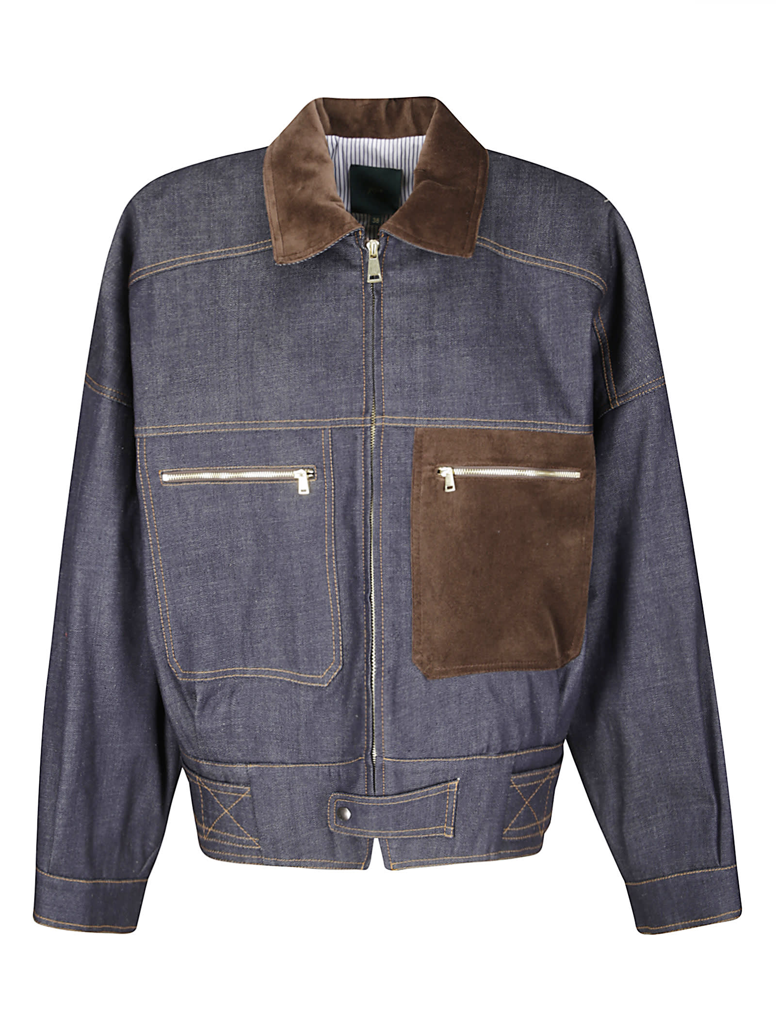 Jejia Structured Denim-effect Cotton Bomber With Suede Inserts In Blue