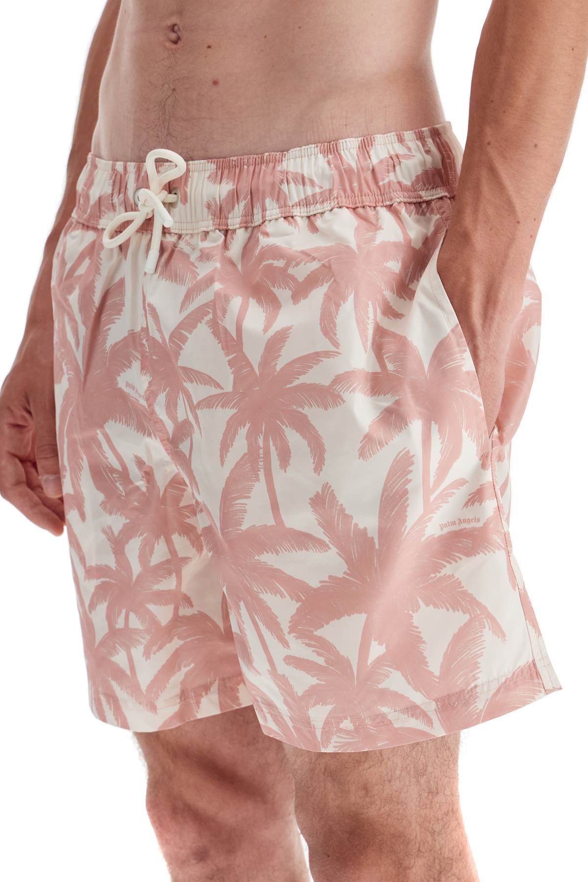 Shop Palm Angels Beach Print Palm Tree Bermuda In Off White Pink (white)