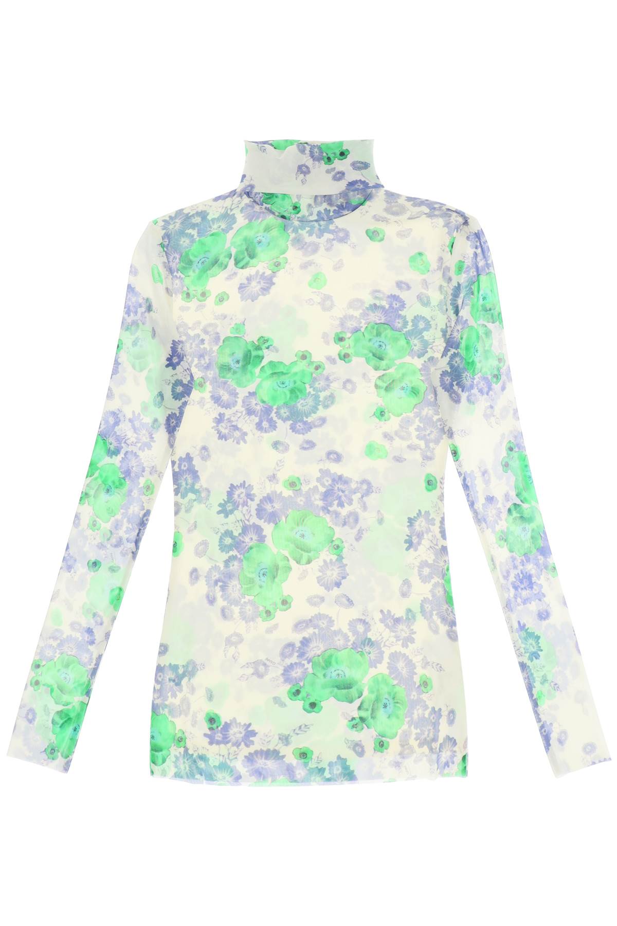 Shop Ganni Long-sleeved Top In Mesh With Floral Pattern In Egret (white)