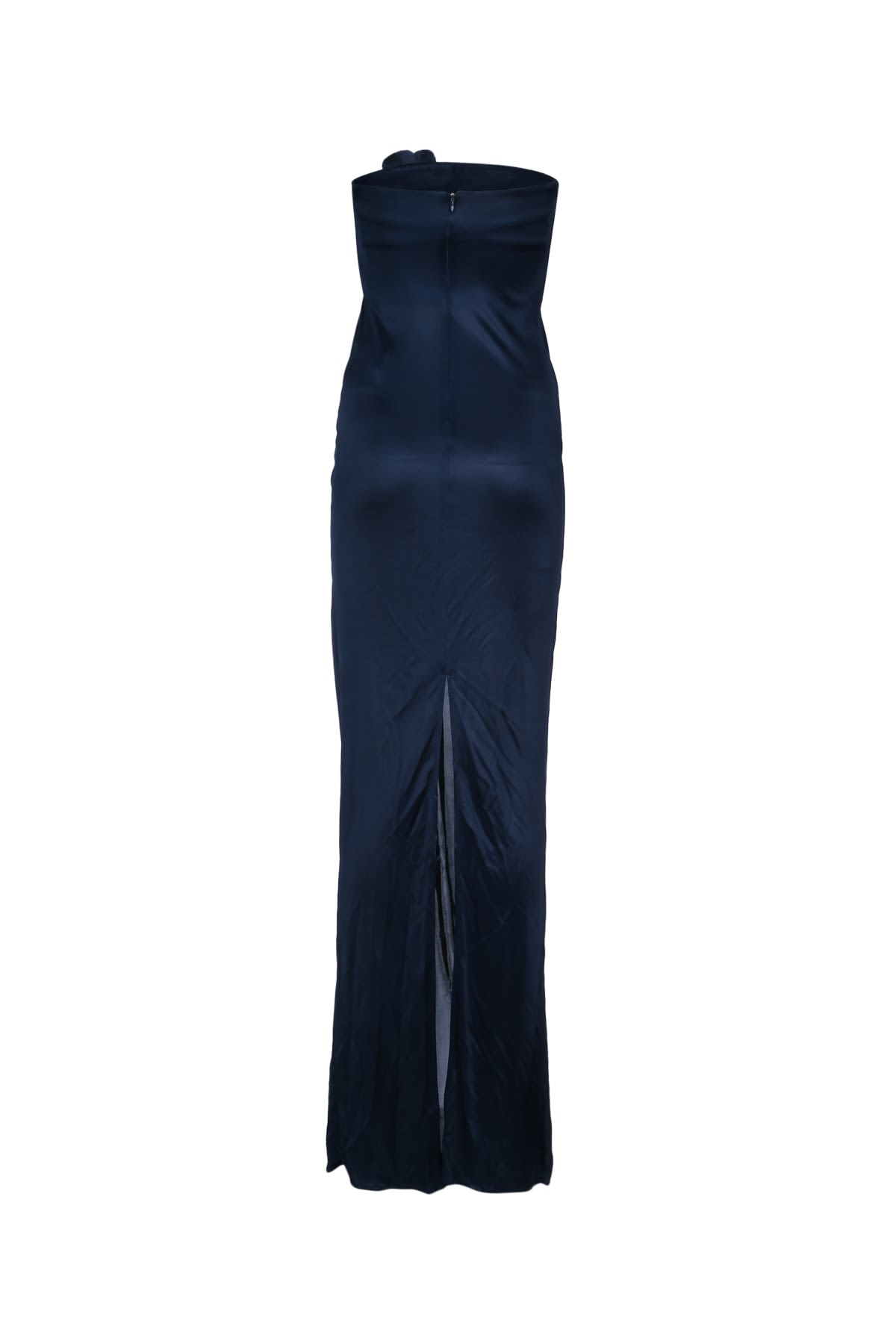 Elisabetta Franchi Red Carpet Glossy Jersey Fabric Dress With Flower In Blu