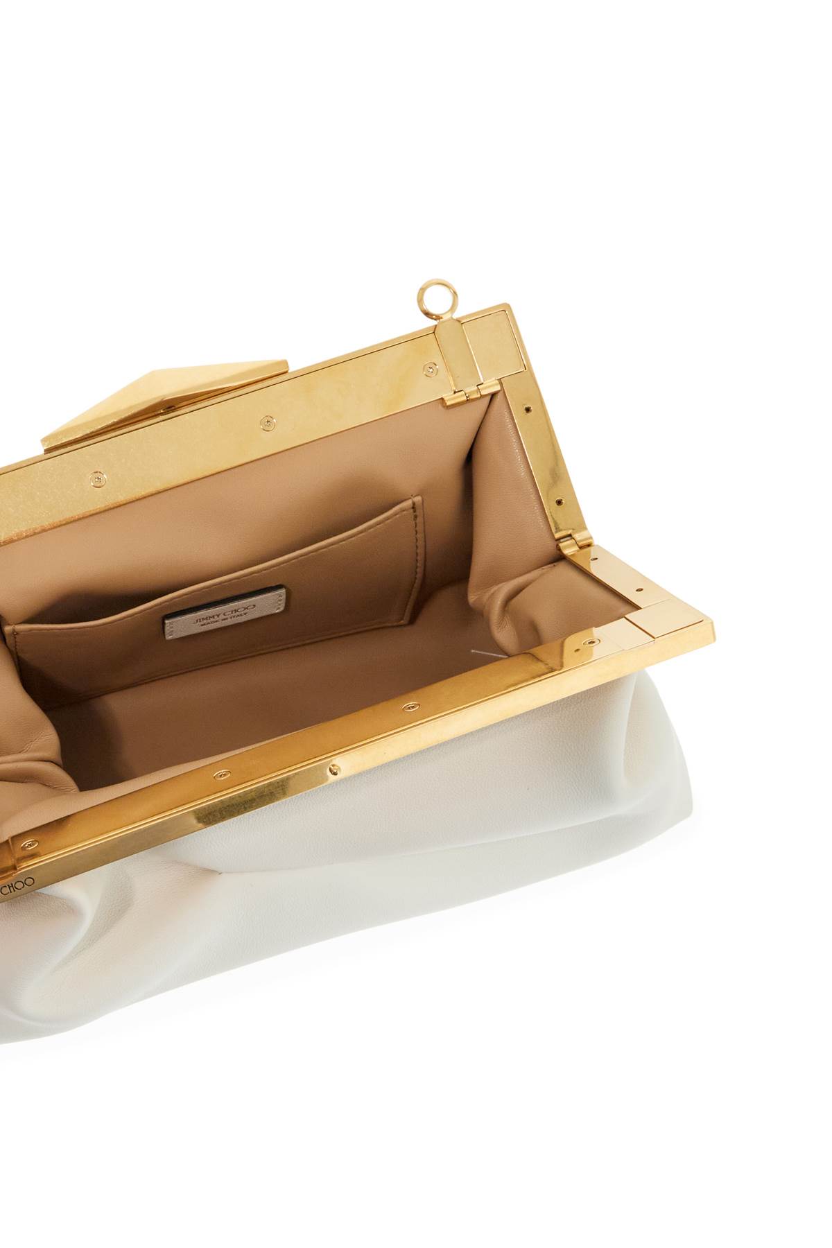 Shop Jimmy Choo Leather Diamond Frame Clutch In Latte Gold (white)