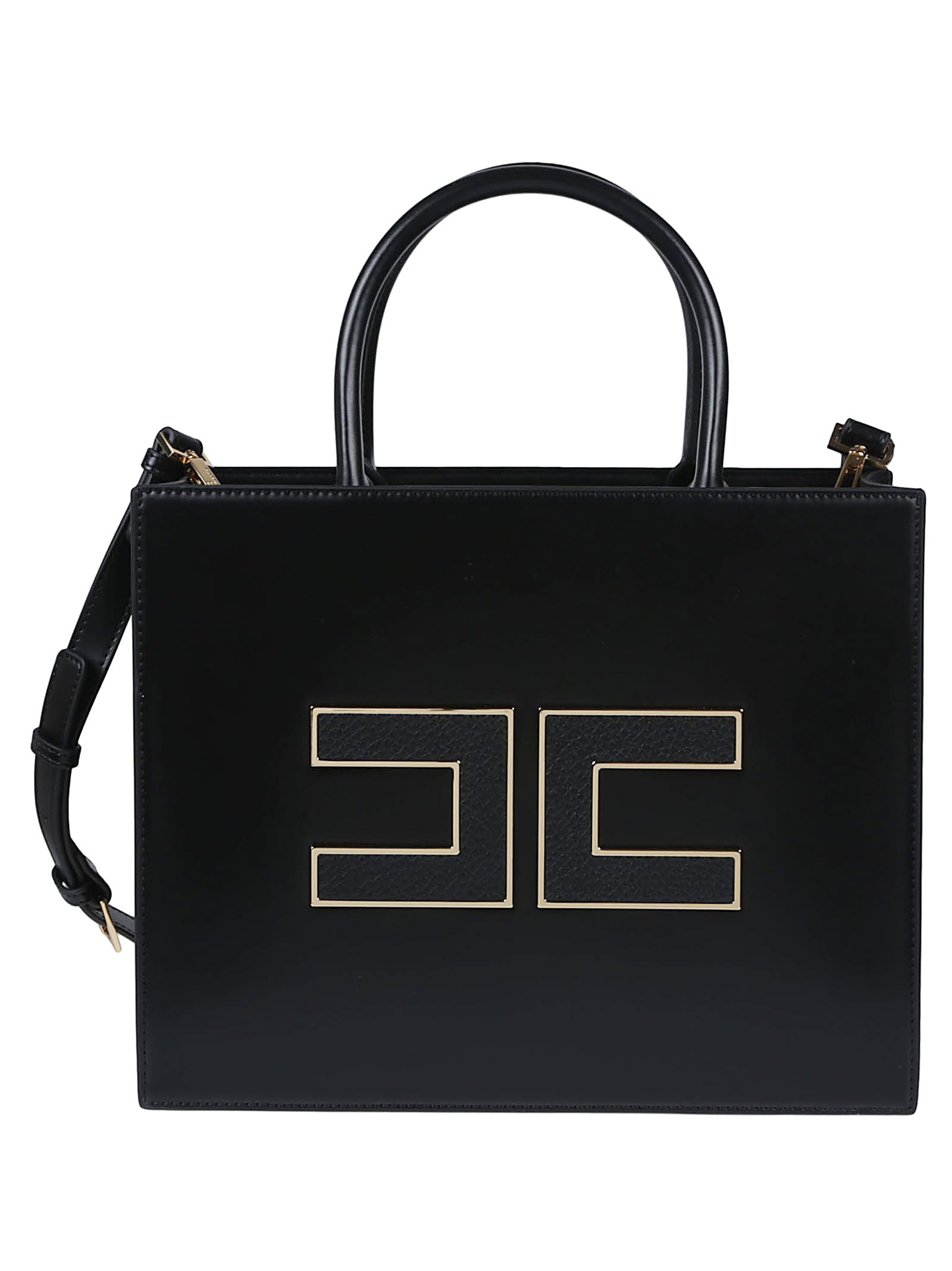 Elisabetta Franchi Structured Handbag With Prominent Logo Detail In Black