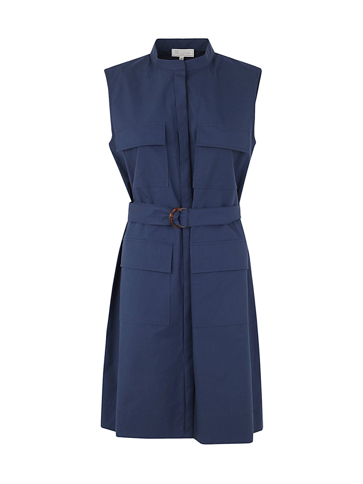 Antonelli Nespola Korean Neck Sleeveless Dress With Belt In Blue