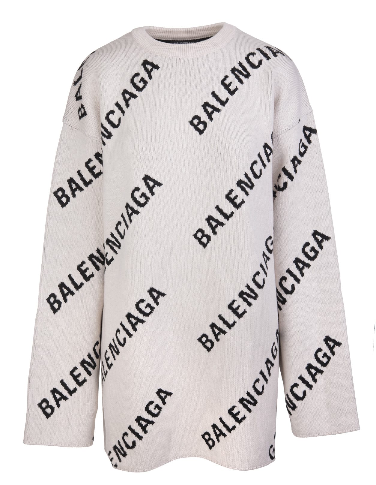Balenciaga Man Light Beige And Black Allover Logo Round-neck Pullover