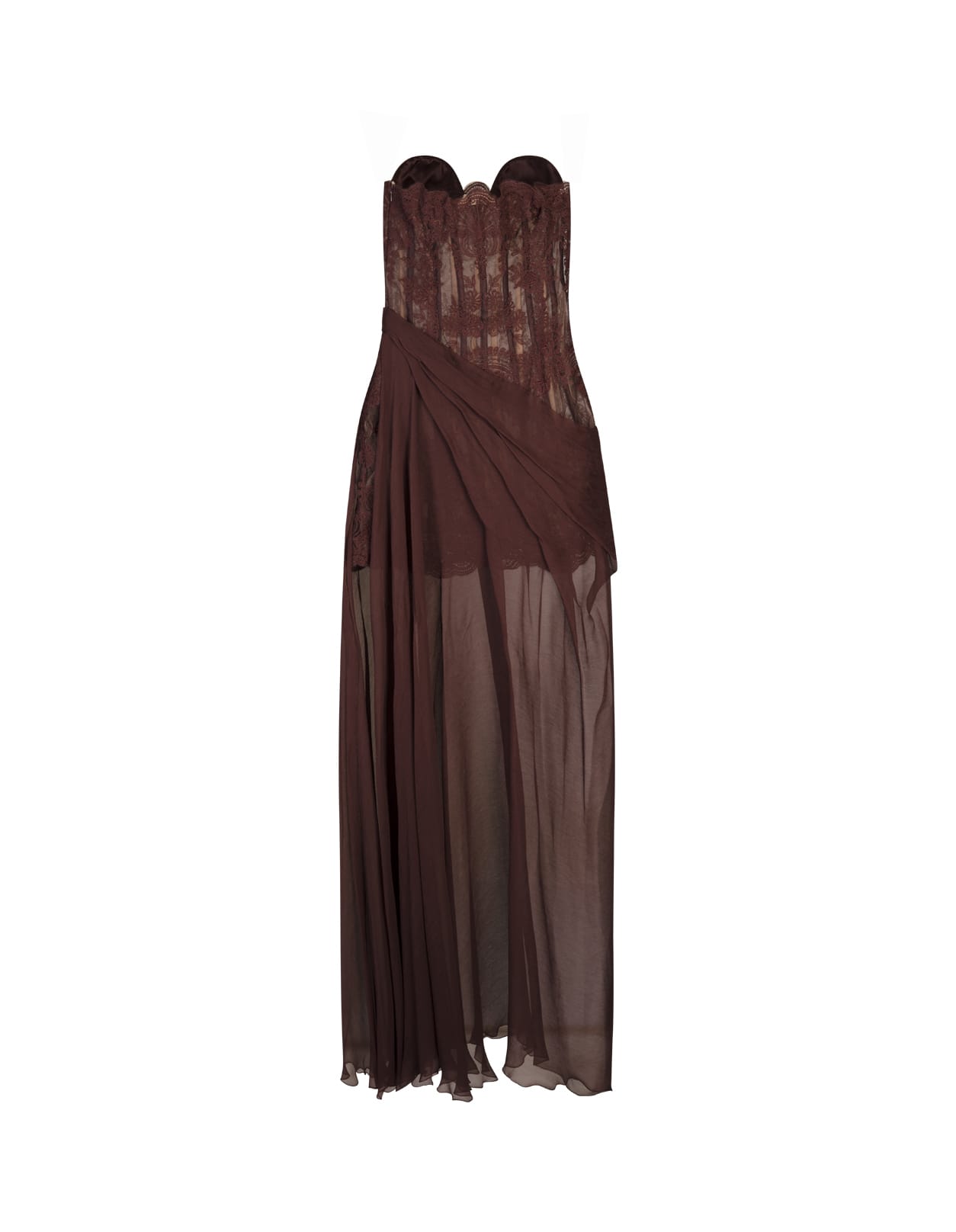 ERMANNO SCERVINO BROWN BUSTIER DRESS IN LACE WITH SILK SKIRT 