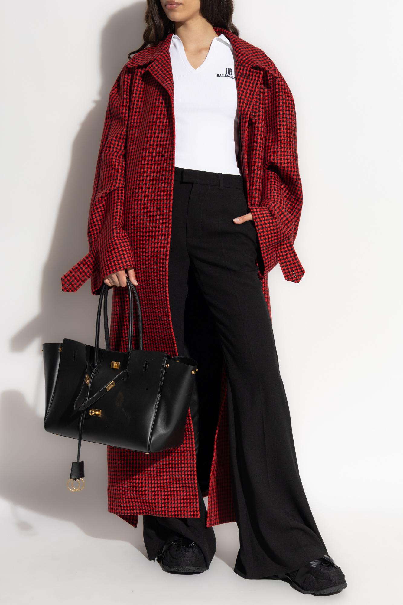 Balenciaga Houndstooth-pattern Belted Coat In Red