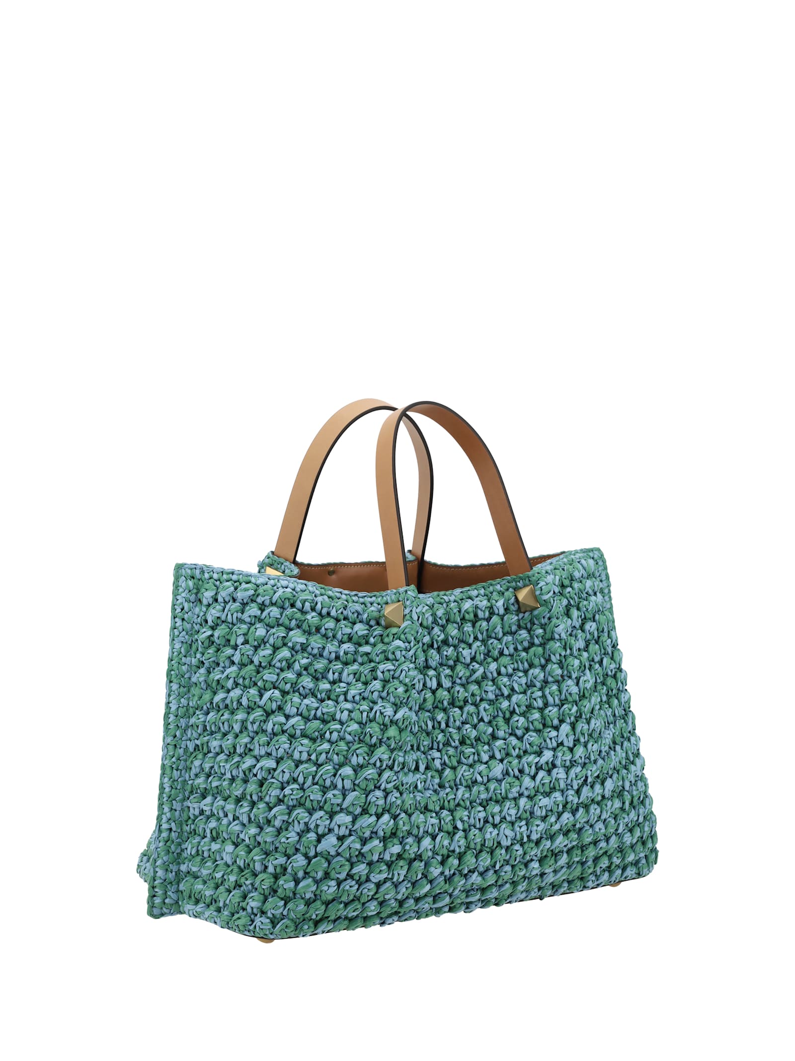 Shop Valentino Raffia Tote Bag In Verde-azzurro/natural Camel/h.blu-b.gras