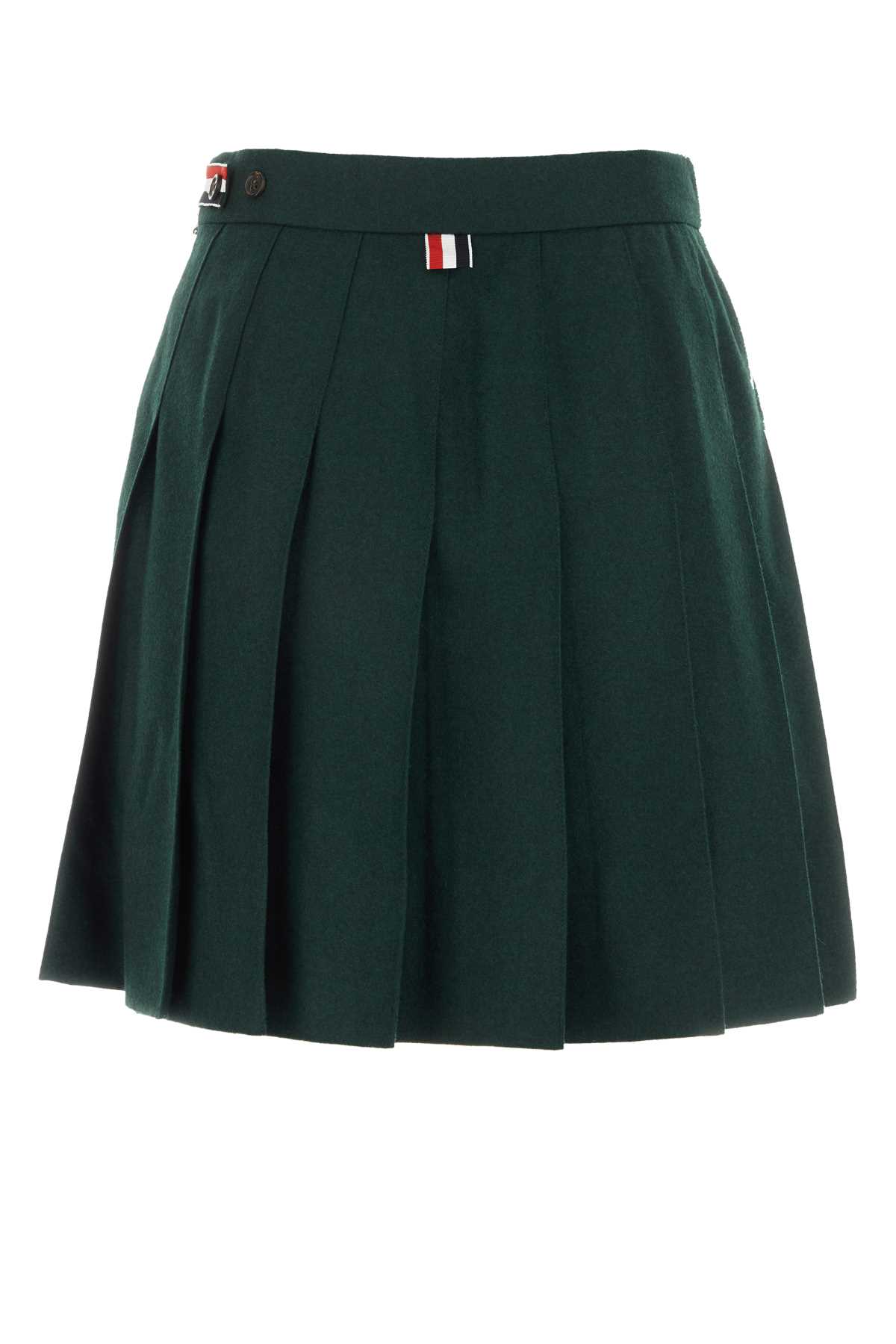 THOM BROWNE BOTTLE GREEN WOOL AND POLYESTER MINI SKIRT