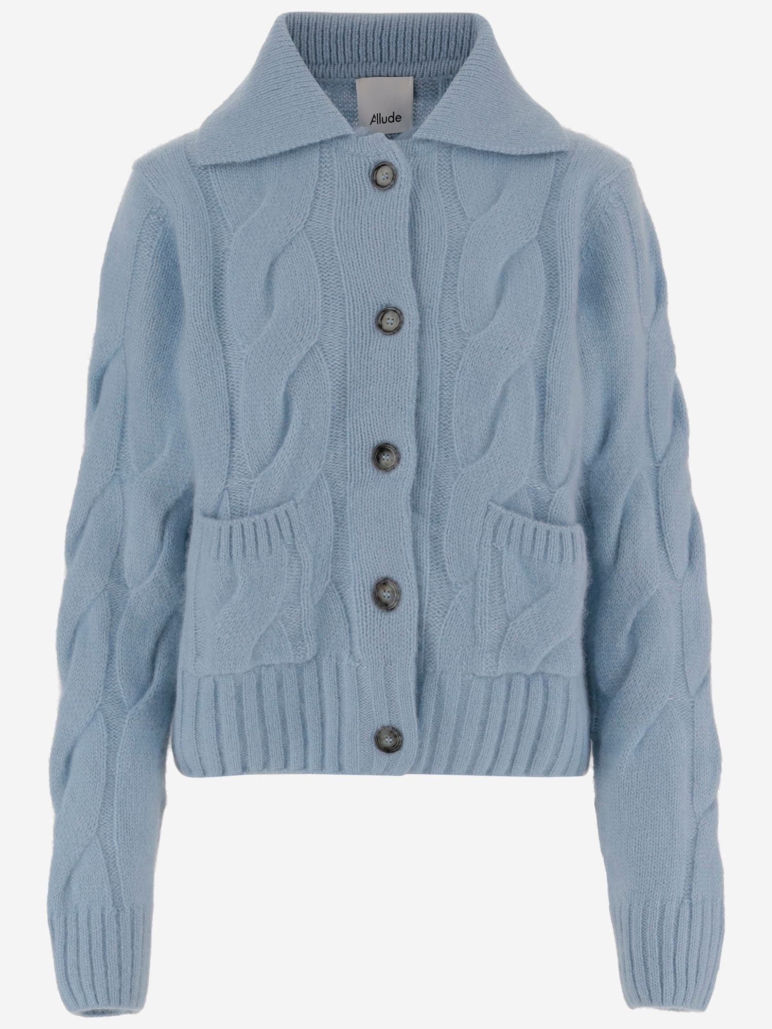 Allude Cashmere And Silk Cardigan With Braided Pattern In Blue