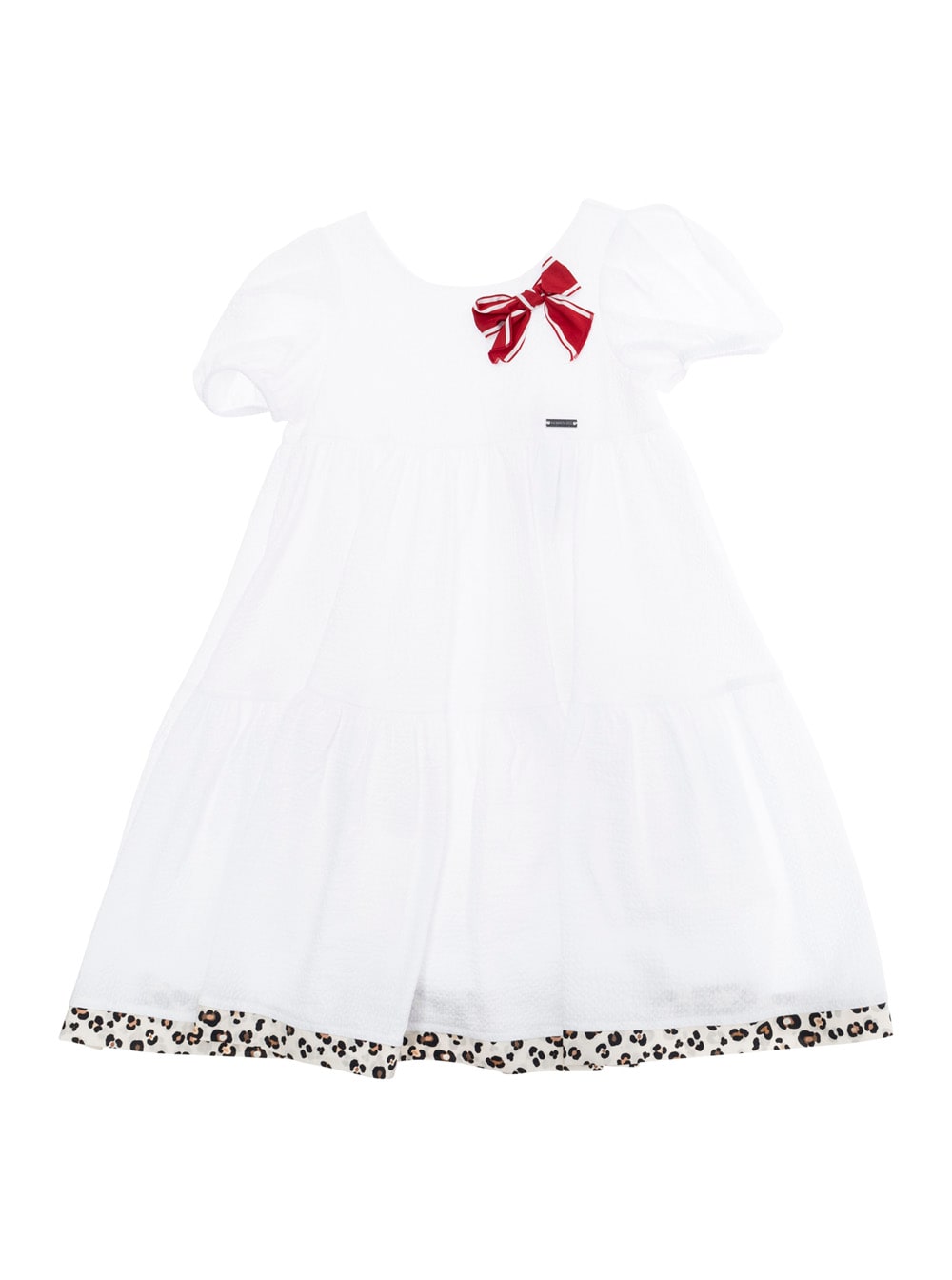 Monnalisa Capri White Flared Dress With Maxi Bow On The Front And Leopard Hem In Cotton Girl In White
