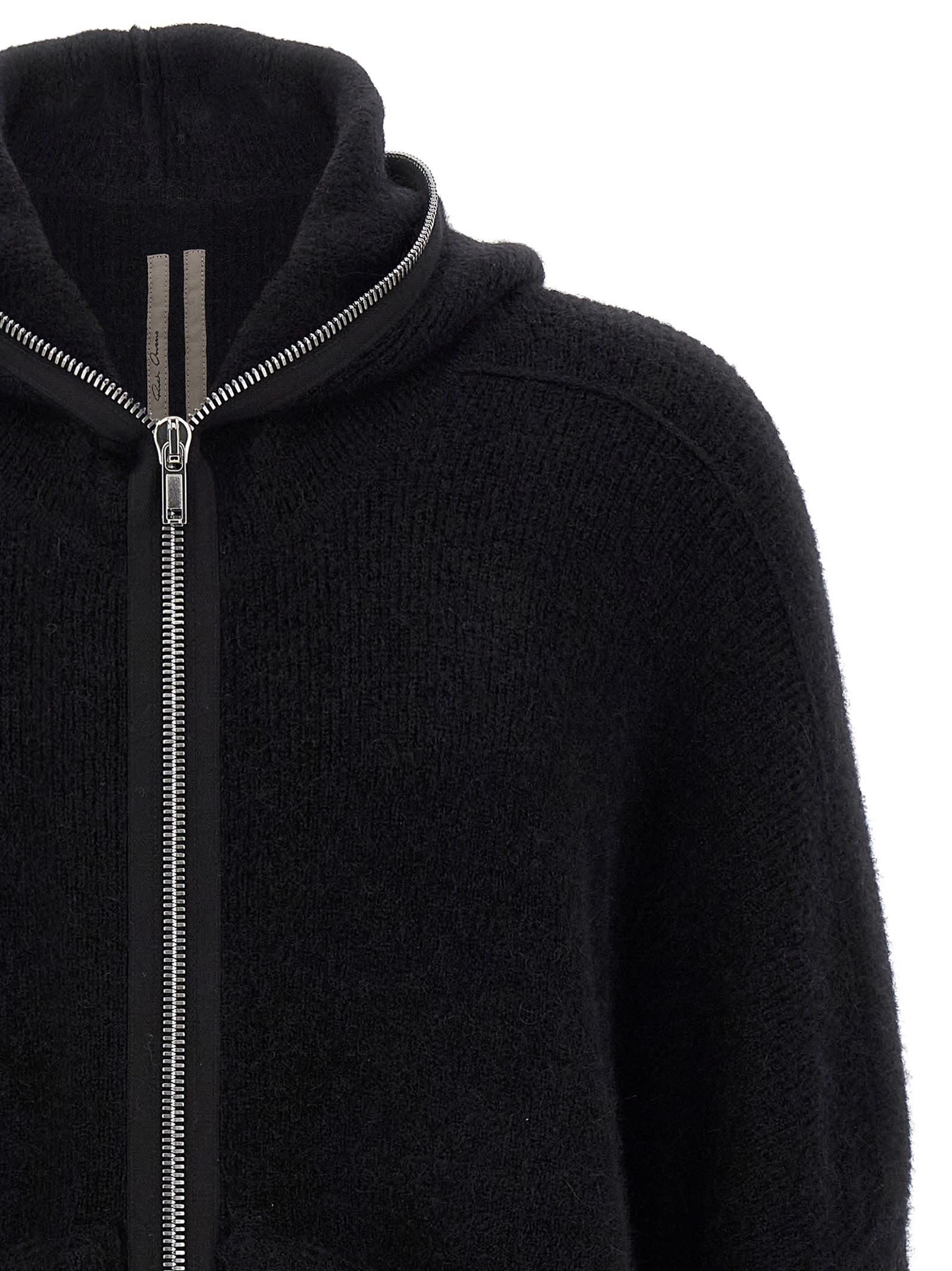 Rick Owens Hooded Wool Cardigan In Black