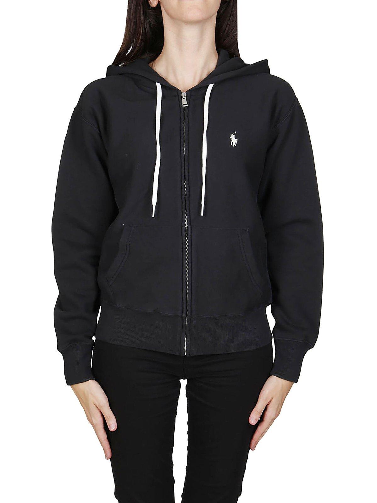 Shop Polo Ralph Lauren Logo Embroidered Zip-up Hoodie  In Black