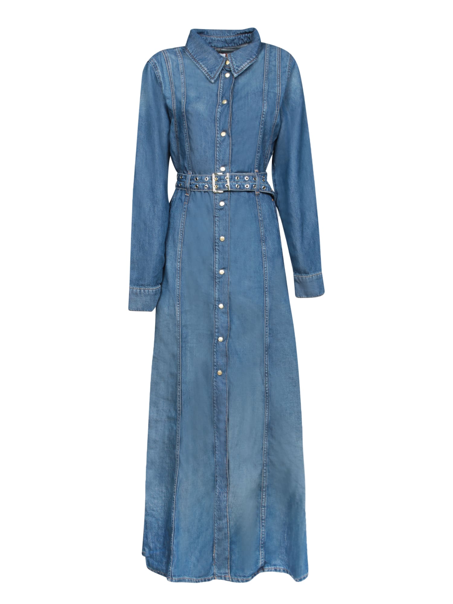 Ganni Blue Long Dress With Adjustable And Removable Waist Belt In Cotton Blend Woman In Blu