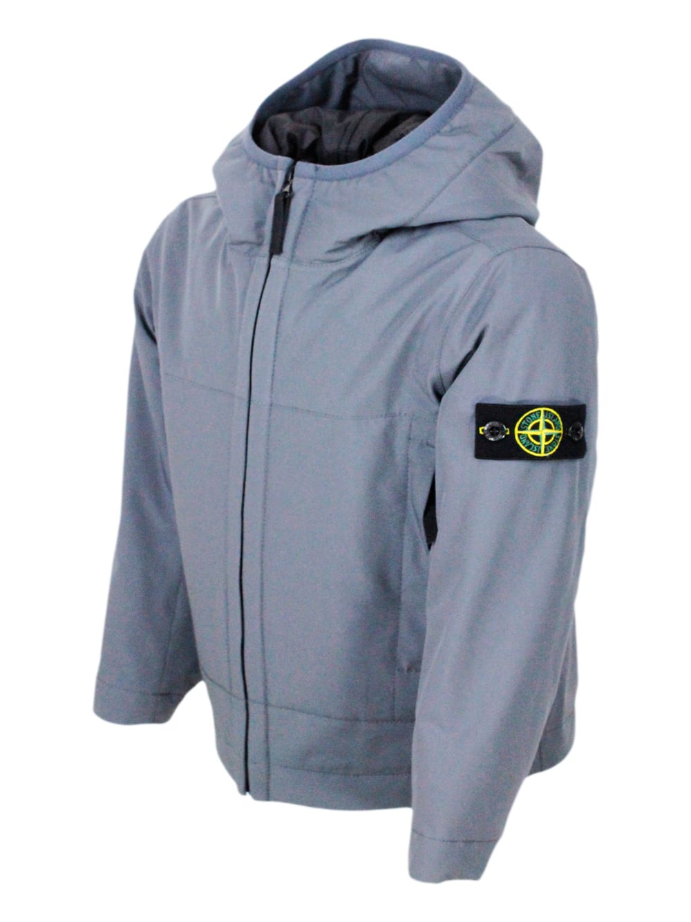 Stone Island Padded Jacket With Hood In Technical Fabric Made With Recycled Bottles E.dye Technology With Primalo In Grigio