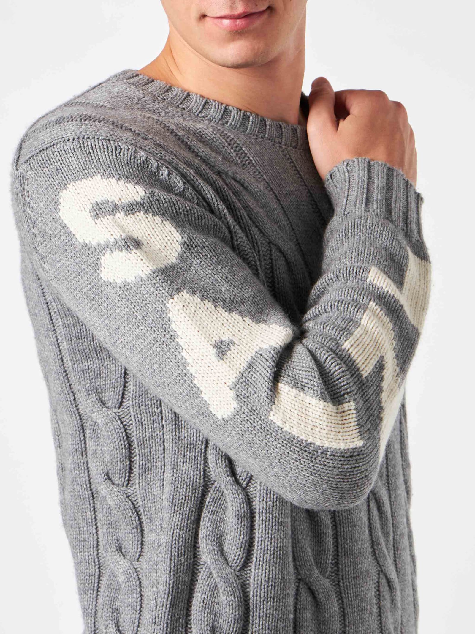 Mc2 Saint Barth Man Heavyweight Creweneck Braided Grey Sweater In Grey