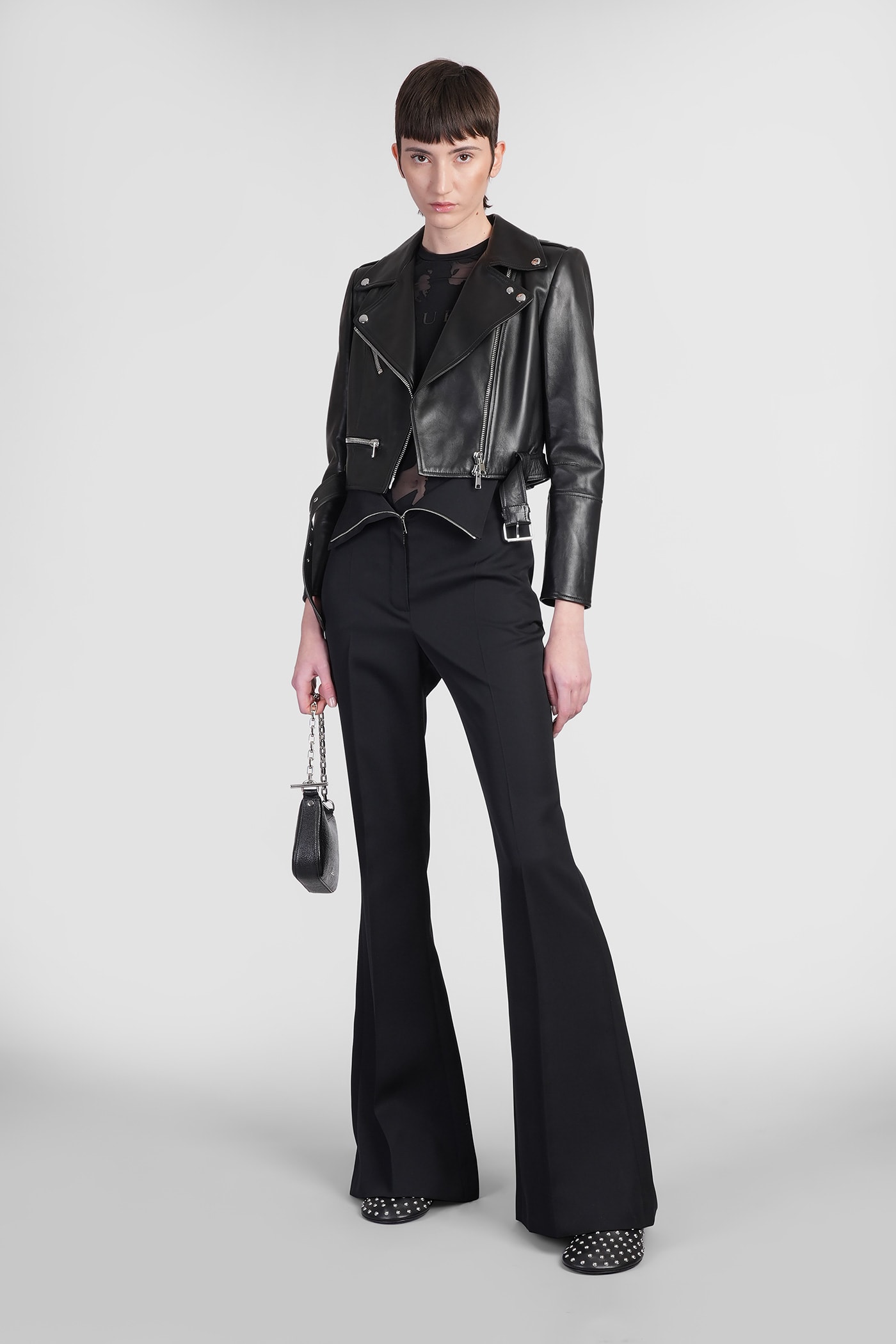 Alexander Mcqueen Black Cropped Biker Jacker With Matching Belt In Smooth Leather Woman In Black