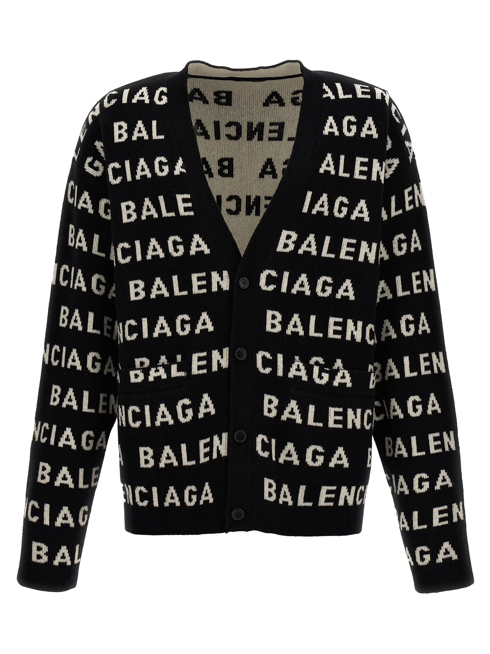 Shop Balenciaga All-over Logo Cardigan In White/black