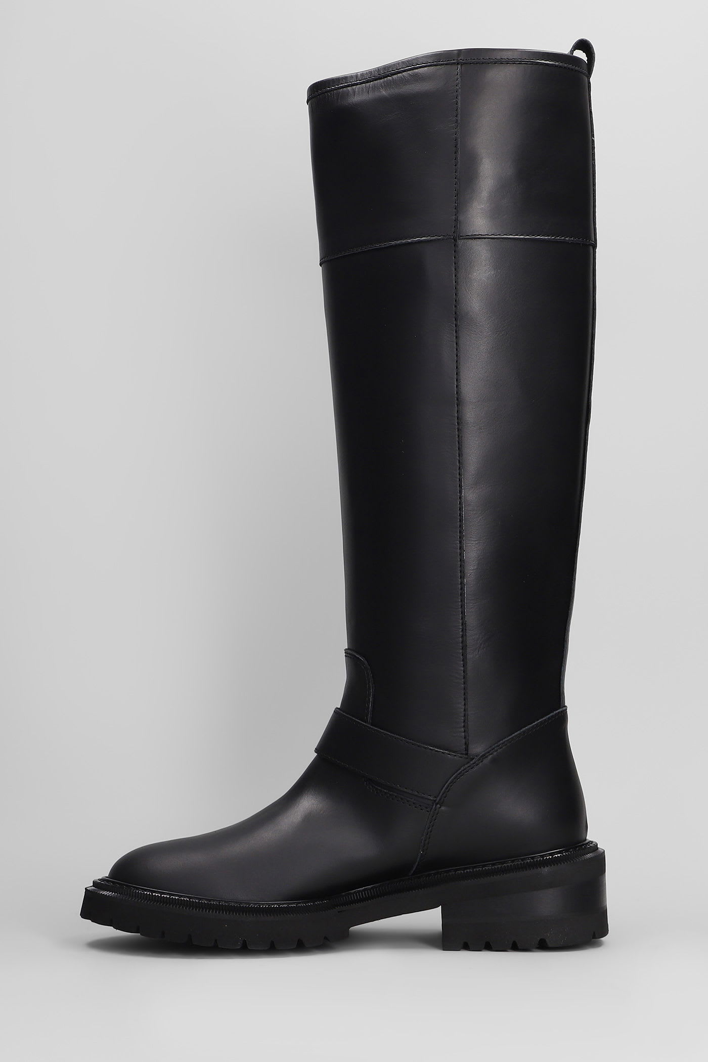 Via Roma 15 Black Leather Boot With Side Zip And Buckle Detail In Black