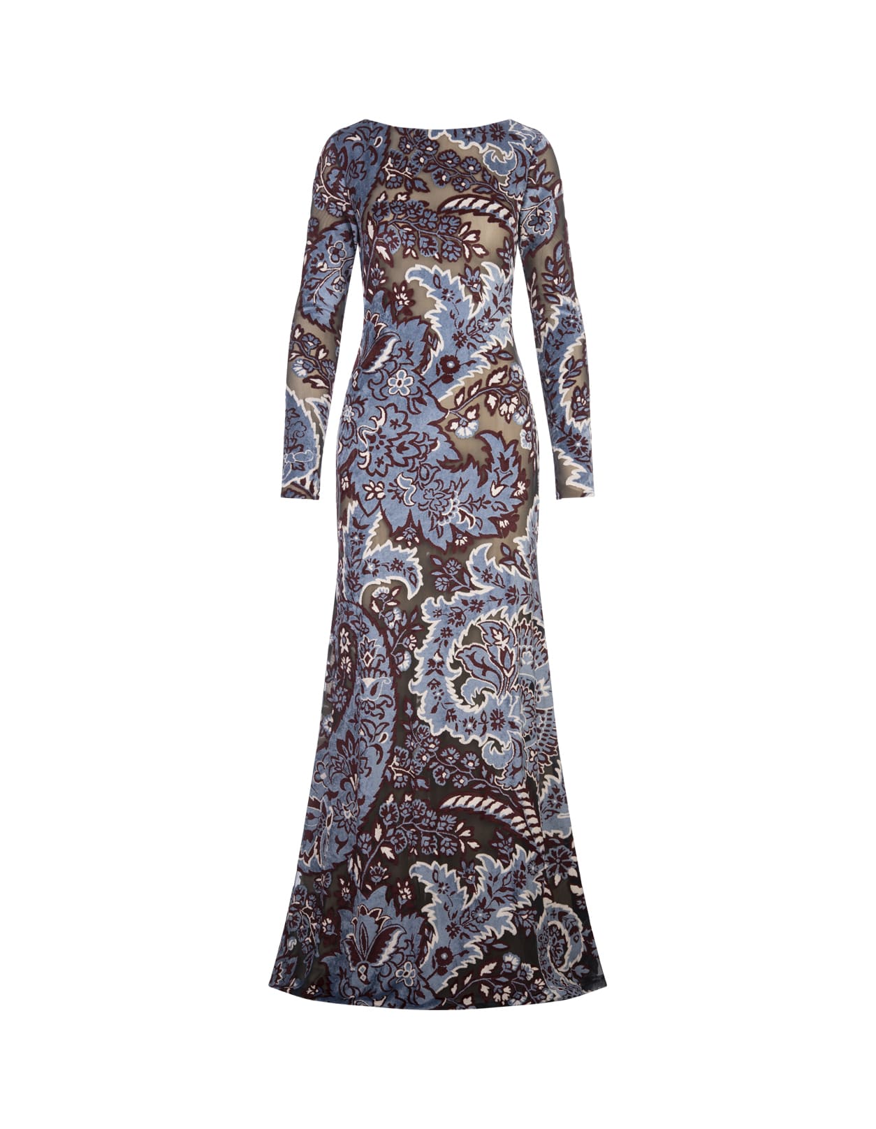 Shop Etro Blue Velvet Jacquard Tulle Long Dress